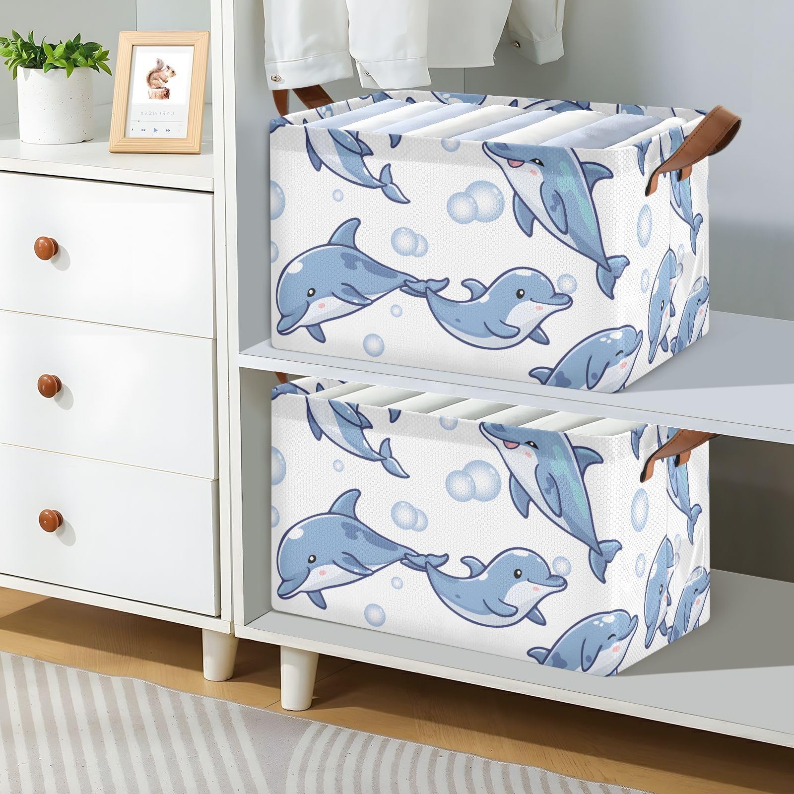 Dolphin Blue Foldable Storage Baskets - 2 Pack Rectangular Canvas Fabric Storage Bins with Handles for Shelves | Sea Animal Themed Decorative Organizer for Bedroom, Bathroom & Kids Room