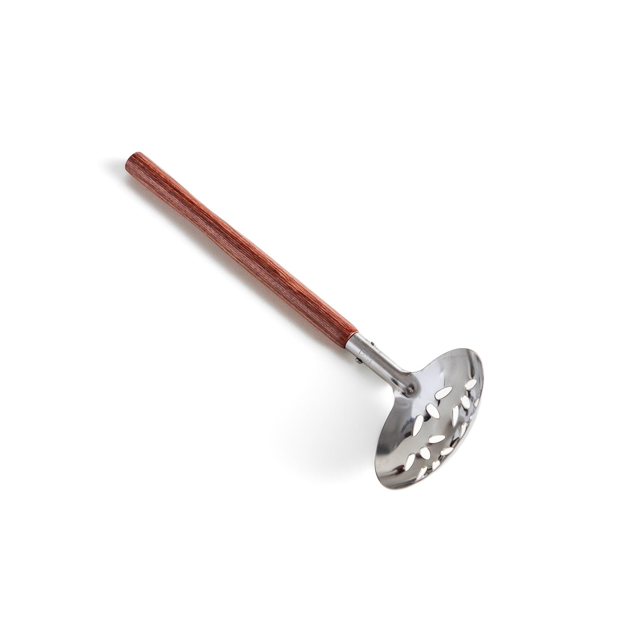 Stainless Steel Perforated Soup Ladle with Ergonomic Wooden Handle - Perfect for Serving Soups, Stews, and Pasta in Restaurants or Home Kitchens