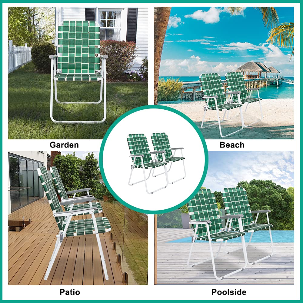 VINGLI 4-Pack Folding Patio Chairs - Portable Outdoor Beach, Garden & Yard Chairs - Heavy Duty Webbed Design - Dark Green Classic Style - Perfect for Picnics, Camping & Backyard Relaxation