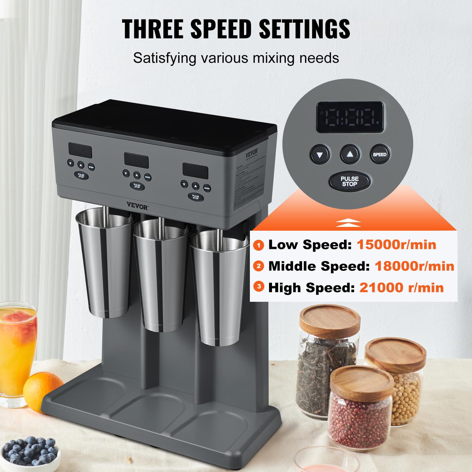 VEVOR Commercial Triple Head Milkshake Maker - 375W Electric Drink Mixer Blender with 3 Speeds, LED Display & Microswitch, Includes 3 x 820ml Stainless Steel Cups - Perfect for Restaurants, Cafes, Ice Cream Shops & Smoothie Bars