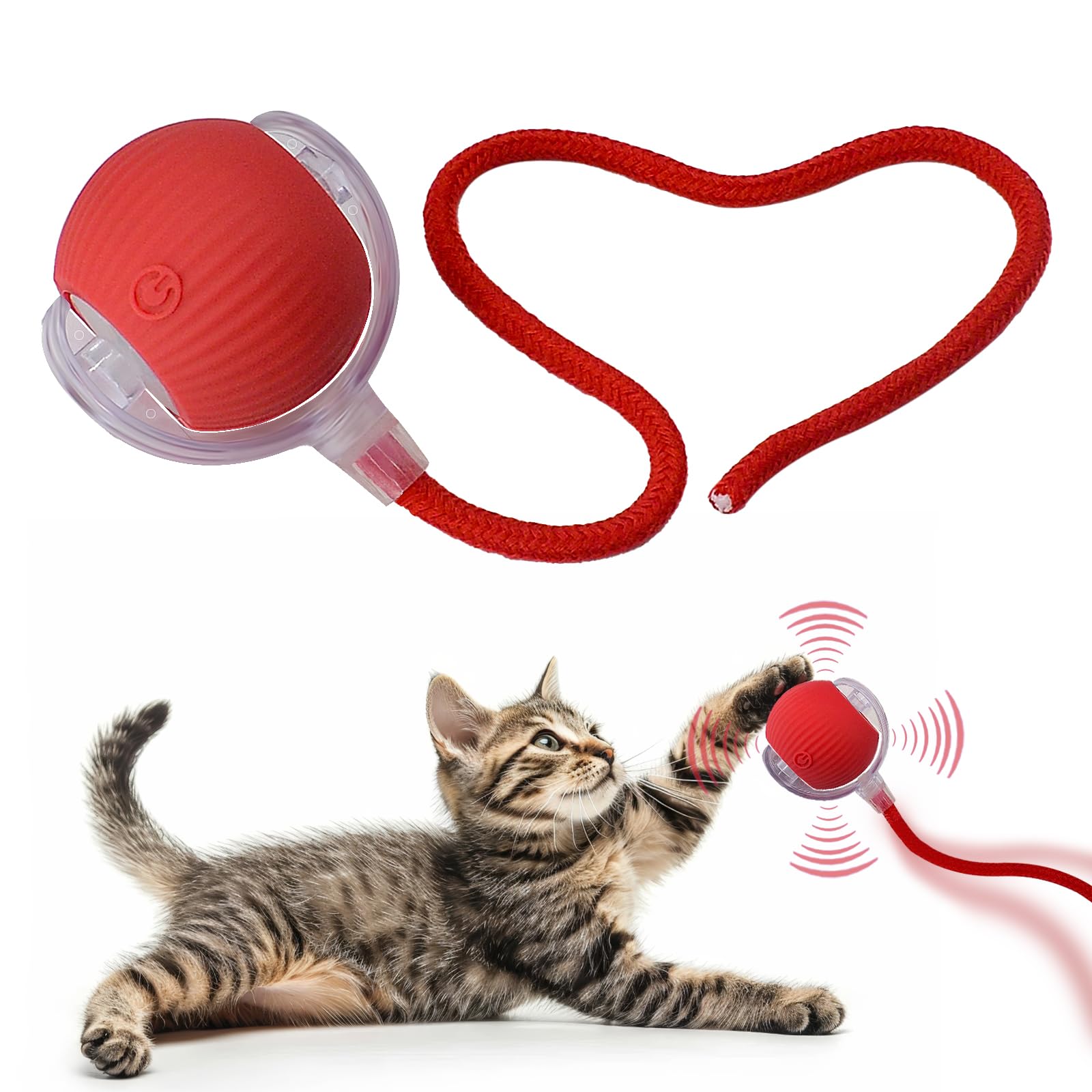 Interactive LED Cat & Dog Toy Ball - Automatic Rolling Motion-Activated Pet Game with String Tail for Indoor Play, Exercise & Fun - Perfect Gift for Kittens & Puppies (Red) - Great for Playtime, Training & Keeping Pets Active