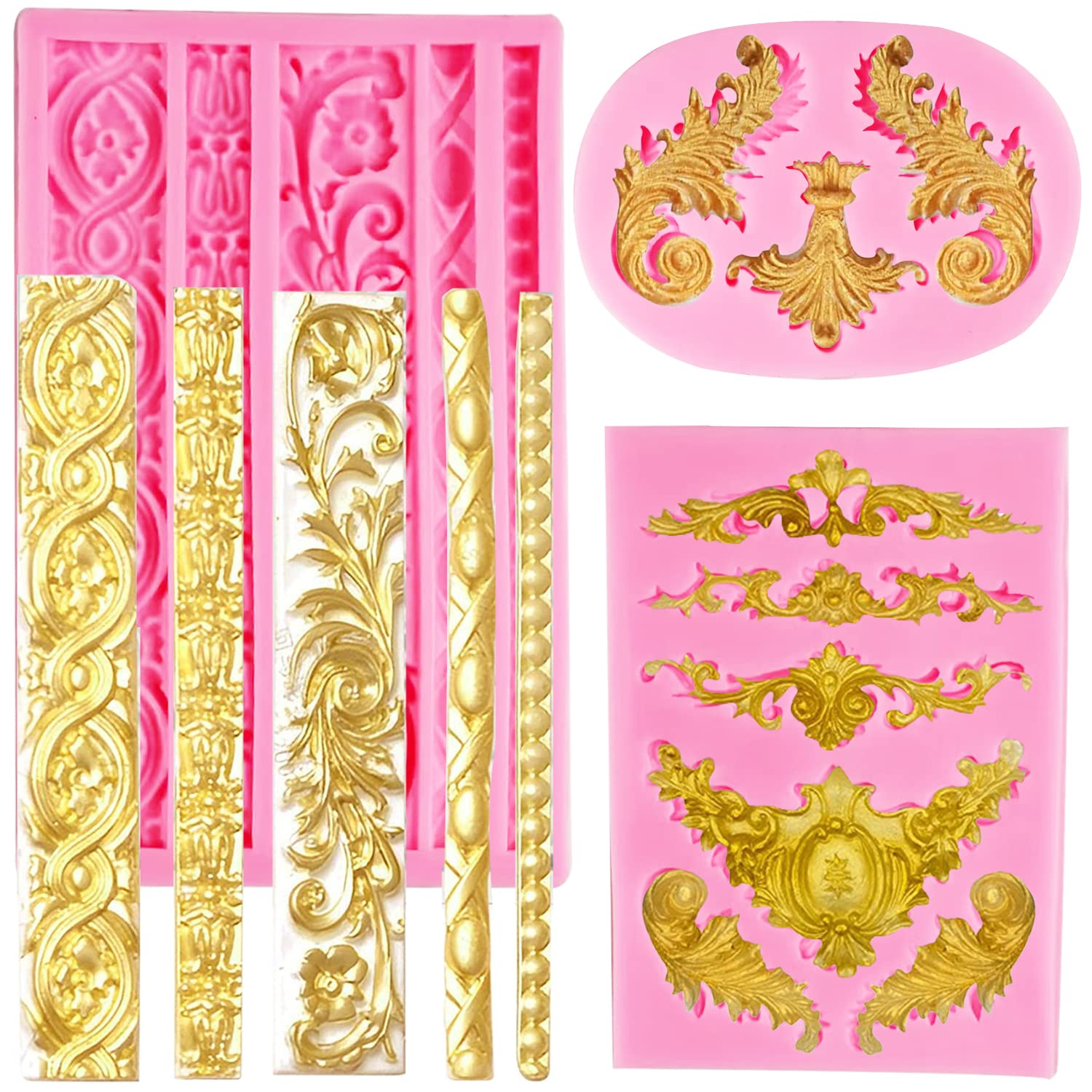 AIMEIKI 3D Baroque Silicone Fondant Molds - 3 Pack Scroll Border Lace Molds for Cake Decorating, Gum Paste, Chocolate & Candy Making - Perfect for Birthday, Wedding, Party & DIY Baking Projects