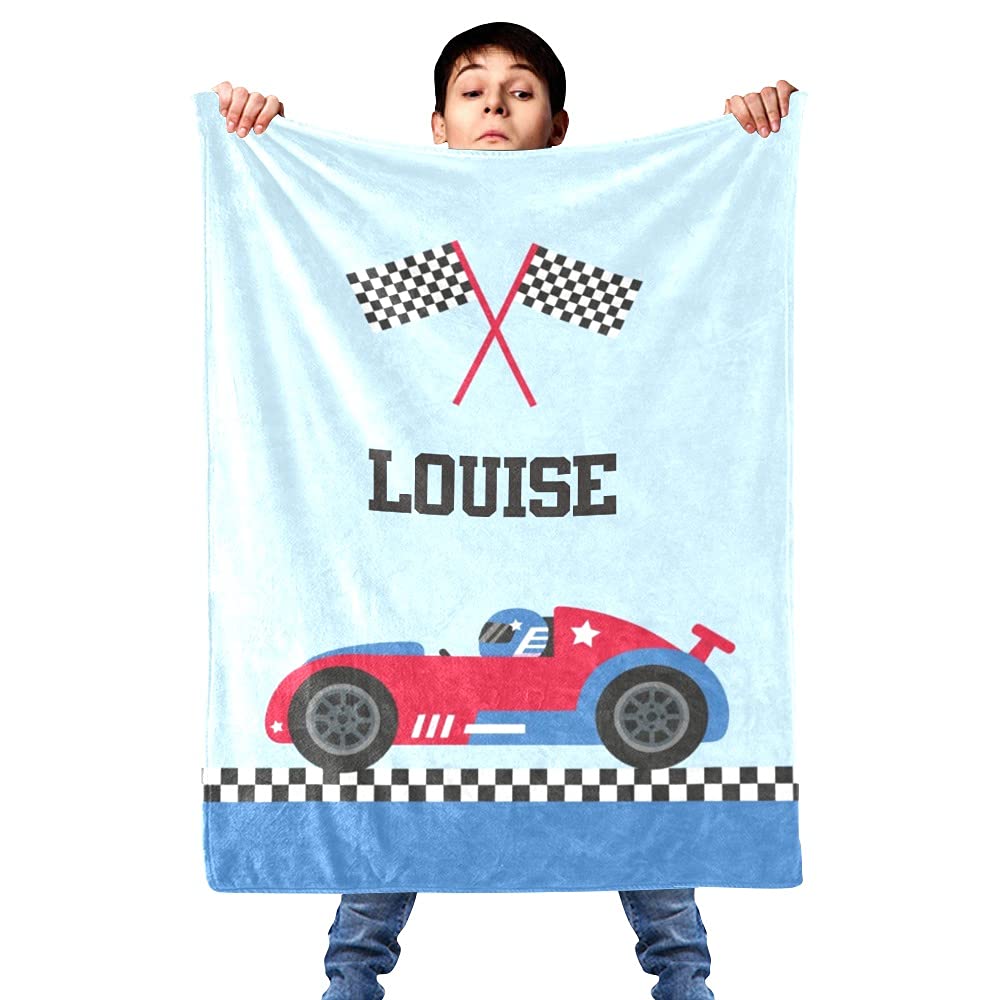 Custom Personalized Blue Racing Car Baby Blanket with Name for Boys & Girls - 30x40 Inch Soft Swaddle Receiving Blanket for Newborn Nursery Gifts | Perfect for Baby Showers, Christenings & First Birthday Presents