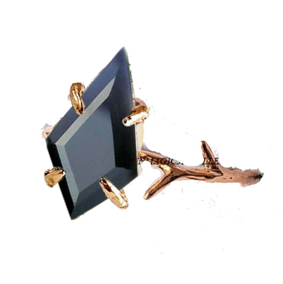 925 Sterling Silver Rose Gold Twig Ring with Black Onyx & Tourmalinated Quartz - Elegant Gemstone Jewelry for Women | Perfect for Weddings, Parties & Everyday Wear