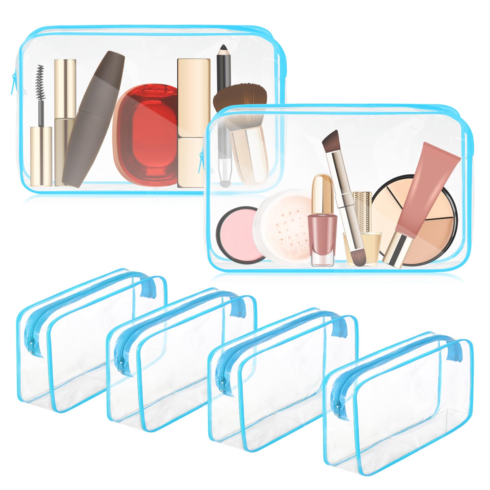 6 Pcs Clear PVC Waterproof Makeup Travel Bags with Zipper - Small Blue Cosmetic Organizer for Women & Men - Perfect for Airport Security, Gym, Toiletry & Daily Essentials Storage