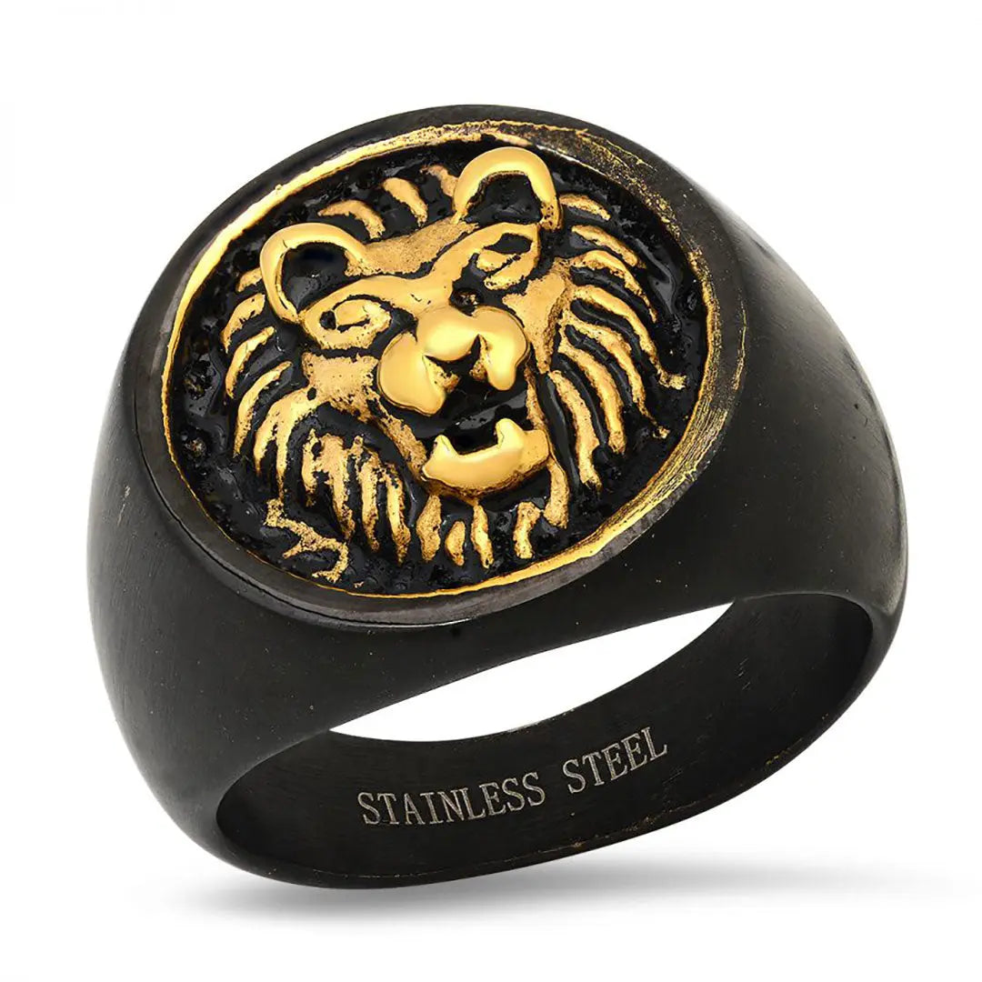SteelTime Men's Black Stainless Steel Signet Ring with Gold Lion Design - Classic Elegant Jewelry for Gifts, Wedding & Everyday Wear