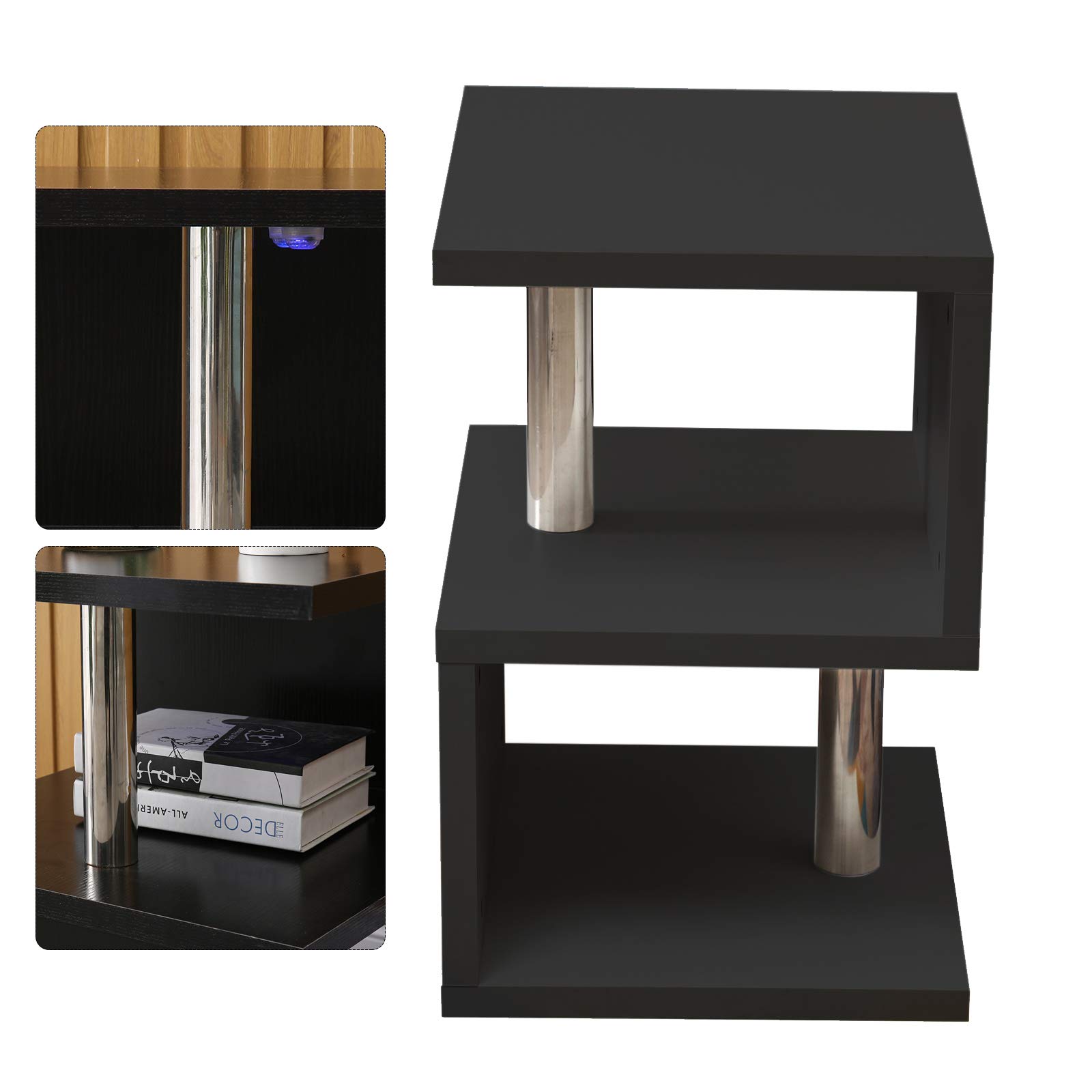 Modern Simple LED Coffee Table & Side Table - S-Shaped High Gloss Nightstand with Remote Control, Multi-Level Accent End Table for Bedroom & Living Room - Perfect for Small Spaces, Home Decor & Entertaining (Black)