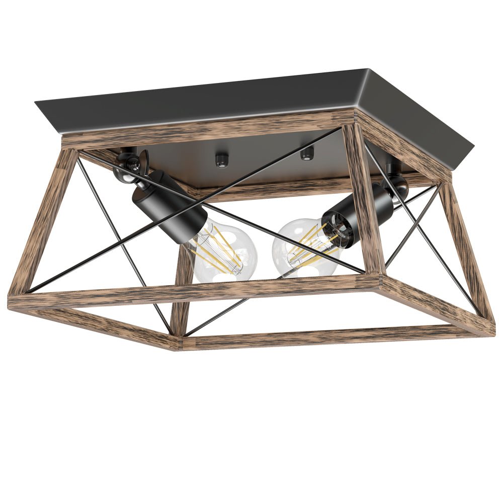 Farmhouse Flush Mount Ceiling Light Fixture - 2-Light Industrial Square Semi-Flush Mount Lamp with E26 Base for Bedroom, Kitchen, Hallway, Porch & Living Room - Rustic Home Decor Lighting for Cozy Ambiance
