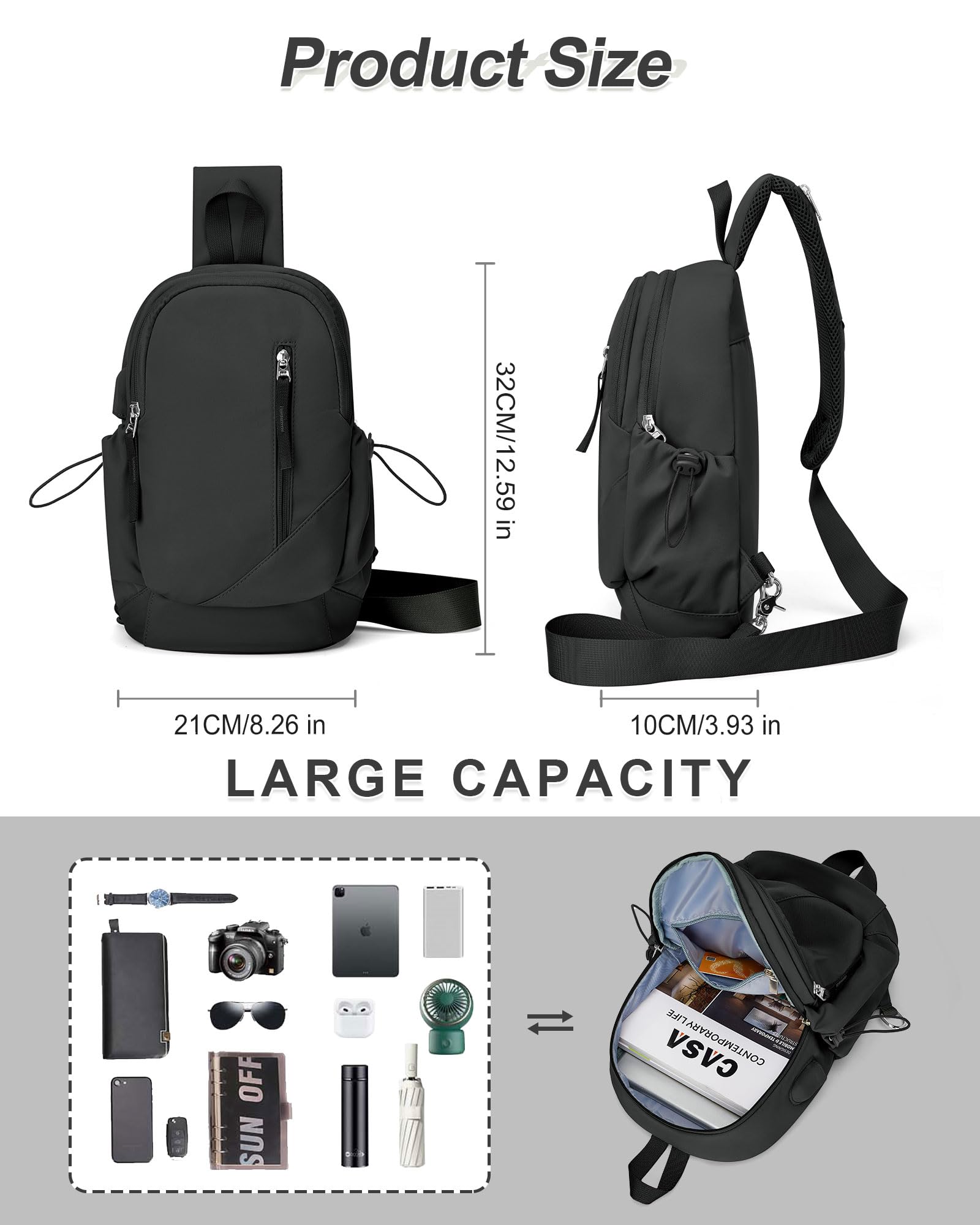 Small Black Sling Crossbody Bag for Men & Women - Tactical Shoulder Backpack, Anti-Theft Motorcycle Chest Bag, Compact One Strap Daypack - Perfect for Casual Travel, Hiking, Outdoor Sports & Urban Commuting