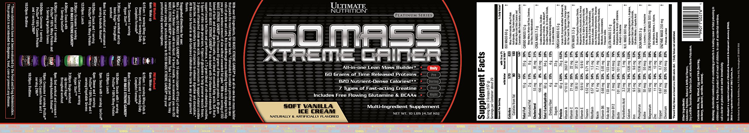 Ultimate Nutrition ISO Mass Xtreme Gainer - 10LBS Whey Protein Powder with Creatine for Muscle Growth | 60g Protein per Serving | Vanilla Ice Cream Flavor | Post-Workout Recovery & Lean Muscle Building Supplement