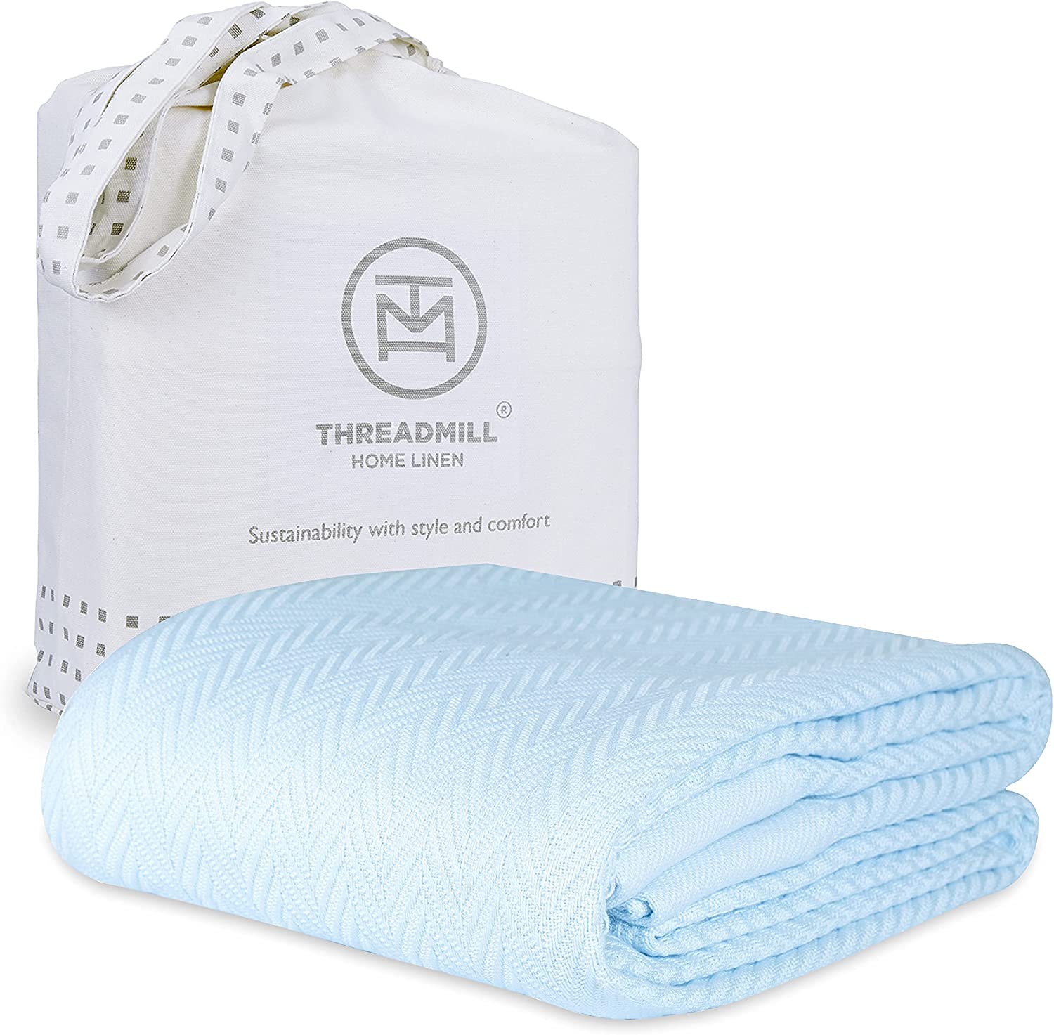 Premium 100% Cotton Twin Size Blanket - All-Season Soft & Cozy Herringbone Thermal Blanket (68x92 inches, 350GSM) | Light Blue Luxury Bed Blanket for Home, Dorm, Guest Room & Cozy Fall Nights