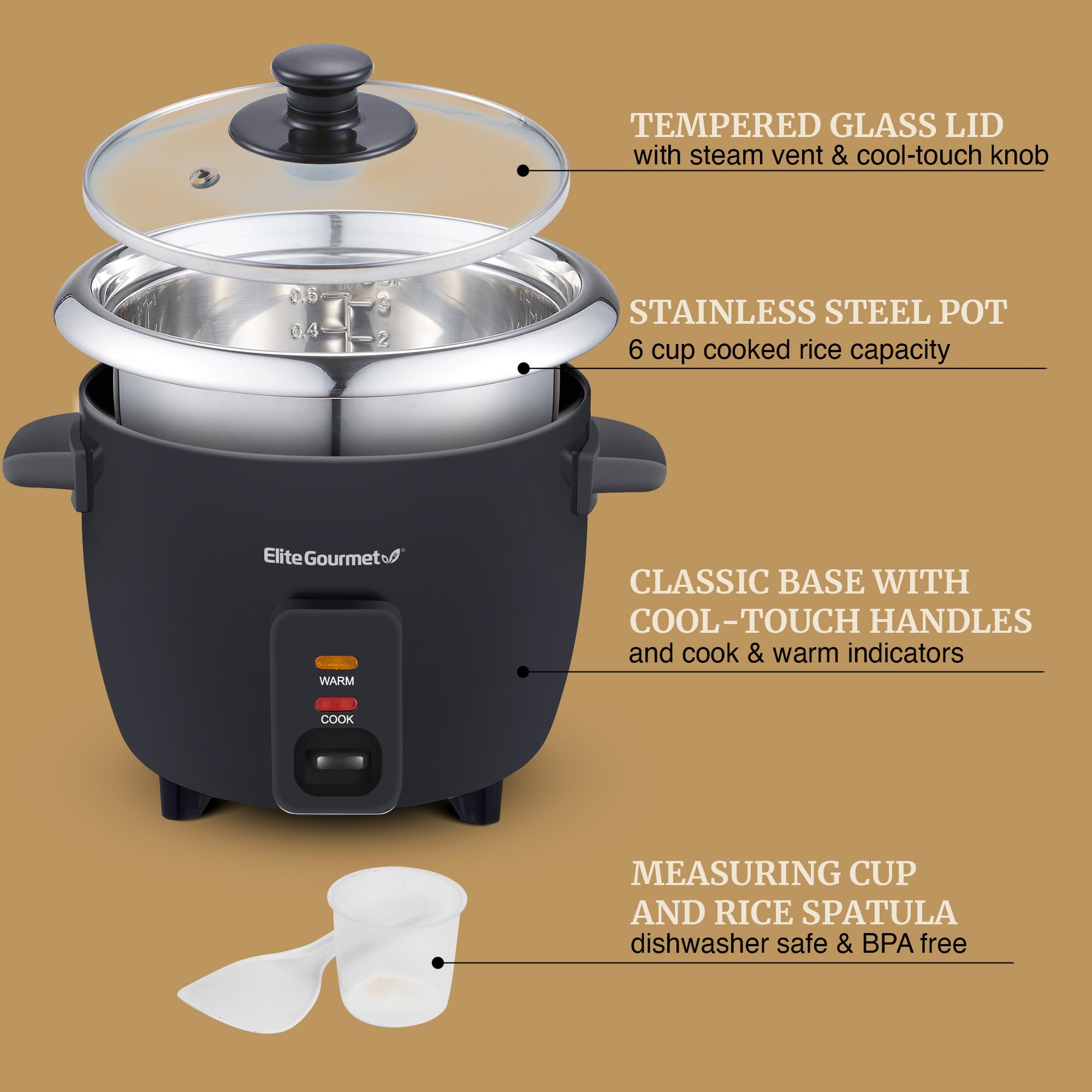 Elite Gourmet ERC006SS 6-Cup Electric Rice Cooker with 304 Stainless Steel Inner Pot - Cook Rice, Soup, Stew, Porridge & Grains - 6 Cup (3 Cup Uncooked) Capacity - Perfect for Small Kitchens, Dorms & Office Use - Black