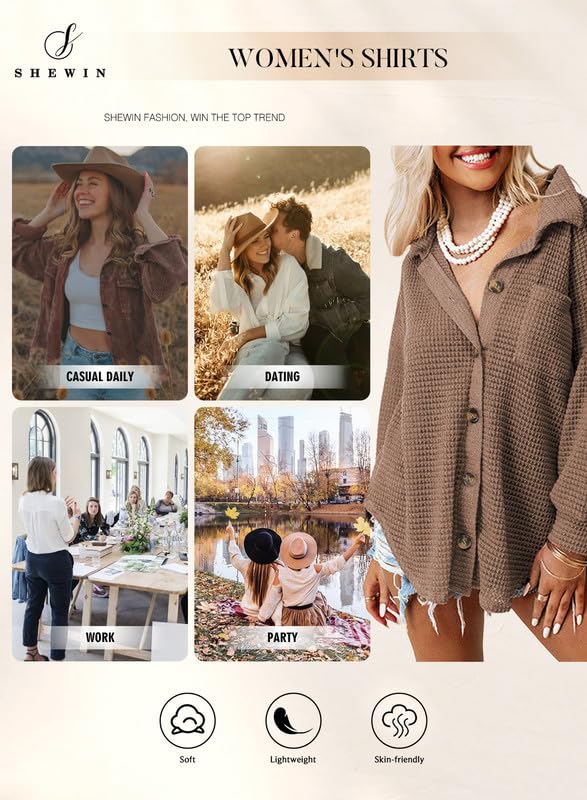 SHEWIN Women's Waffle Knit Button Down Shirt - Casual Long Sleeve Shacket Jacket, Boyfriend Style Loose Fit Blouse for Everyday Wear & Layering