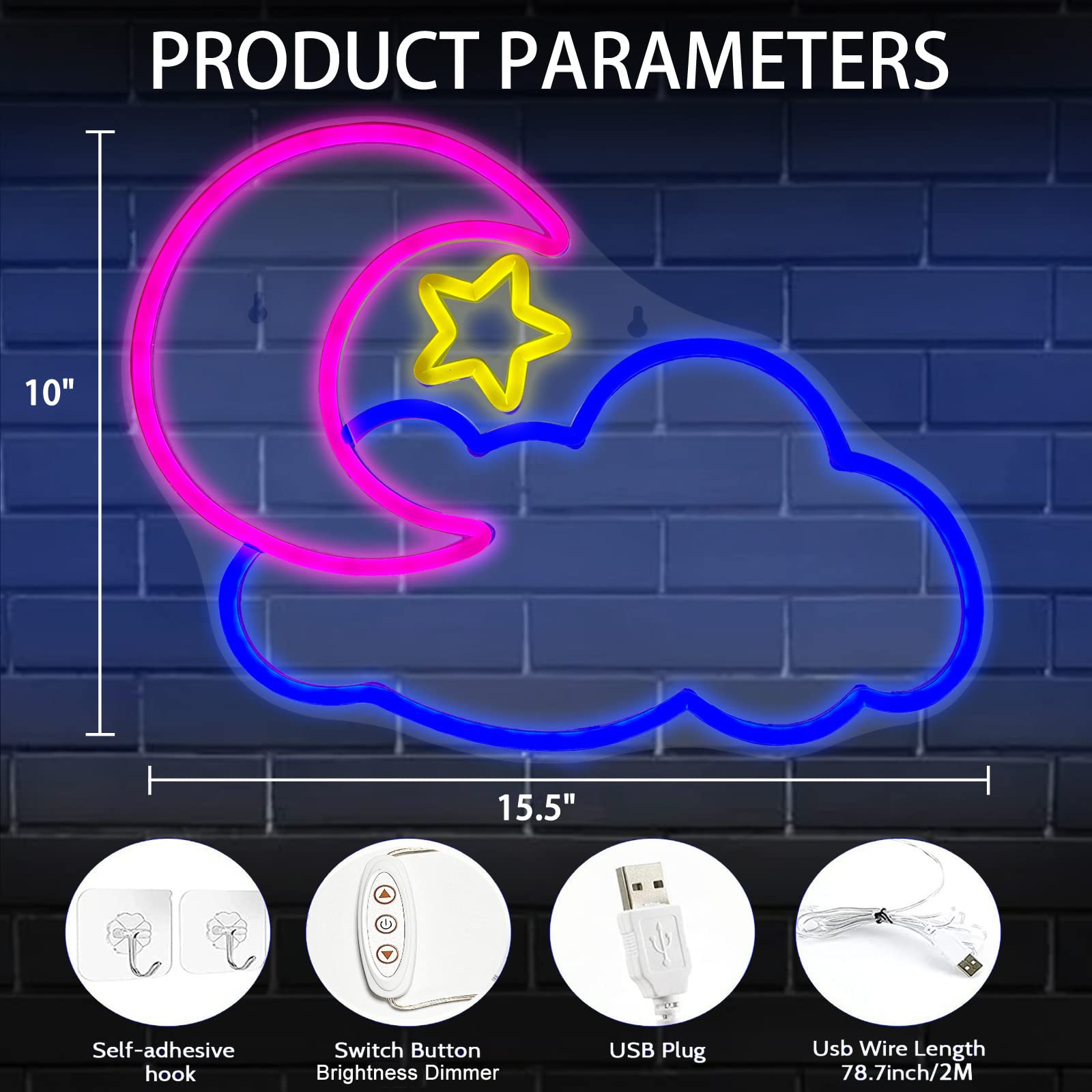 Moon Cloud Neon Sign - LED Cloud & Star Wall Decor Light, USB Powered Bedroom Neon Lamp for Christmas, Birthday Party, Bar, Living Room & Kids Room - Perfect for Home, Office & Event Decorations