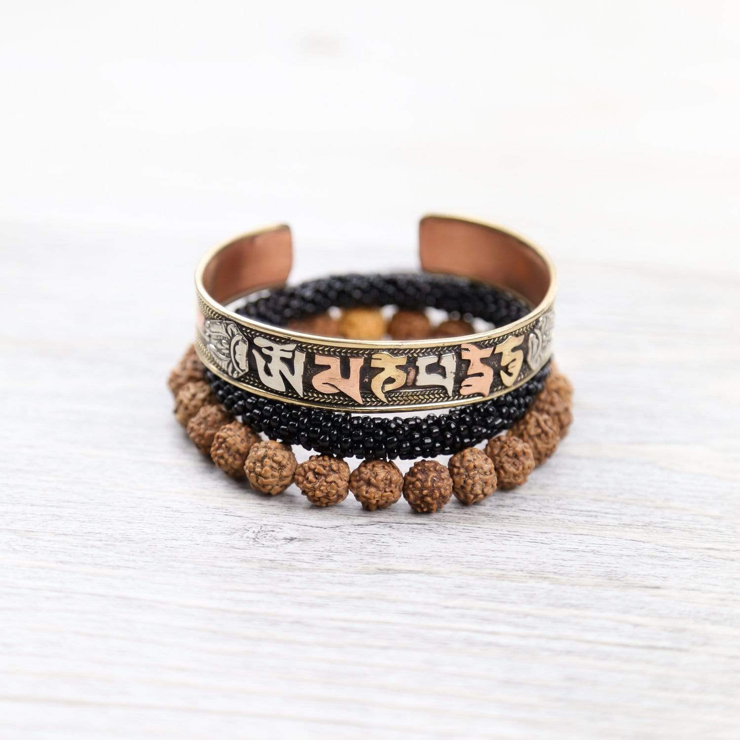 Compassion Mantra & Rudraksha Bead Bracelet Set - Spiritual Meditation, Yoga Accessories & Buddhist Prayer Jewelry for Mindfulness Practice