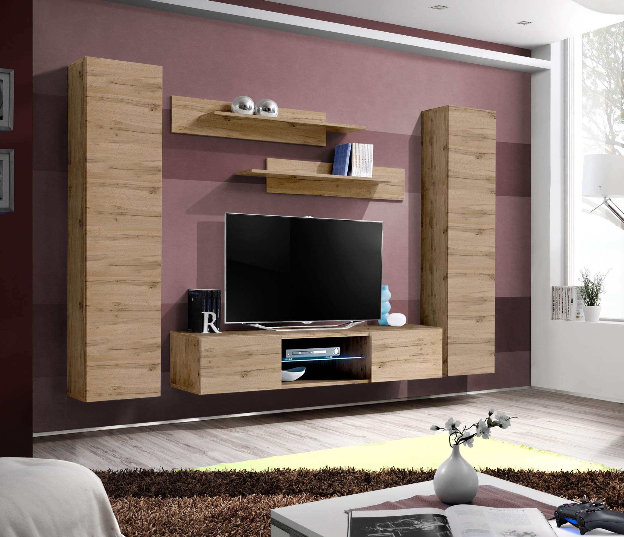 Modern Oak Wall-Mounted TV Stand with Storage Shelves & LED Lights - Floating Entertainment Center Console for Living Room & Bedroom - Perfect for Small Spaces & Home Theater Setup - Meble Furniture Fly AB1 33TV Stand