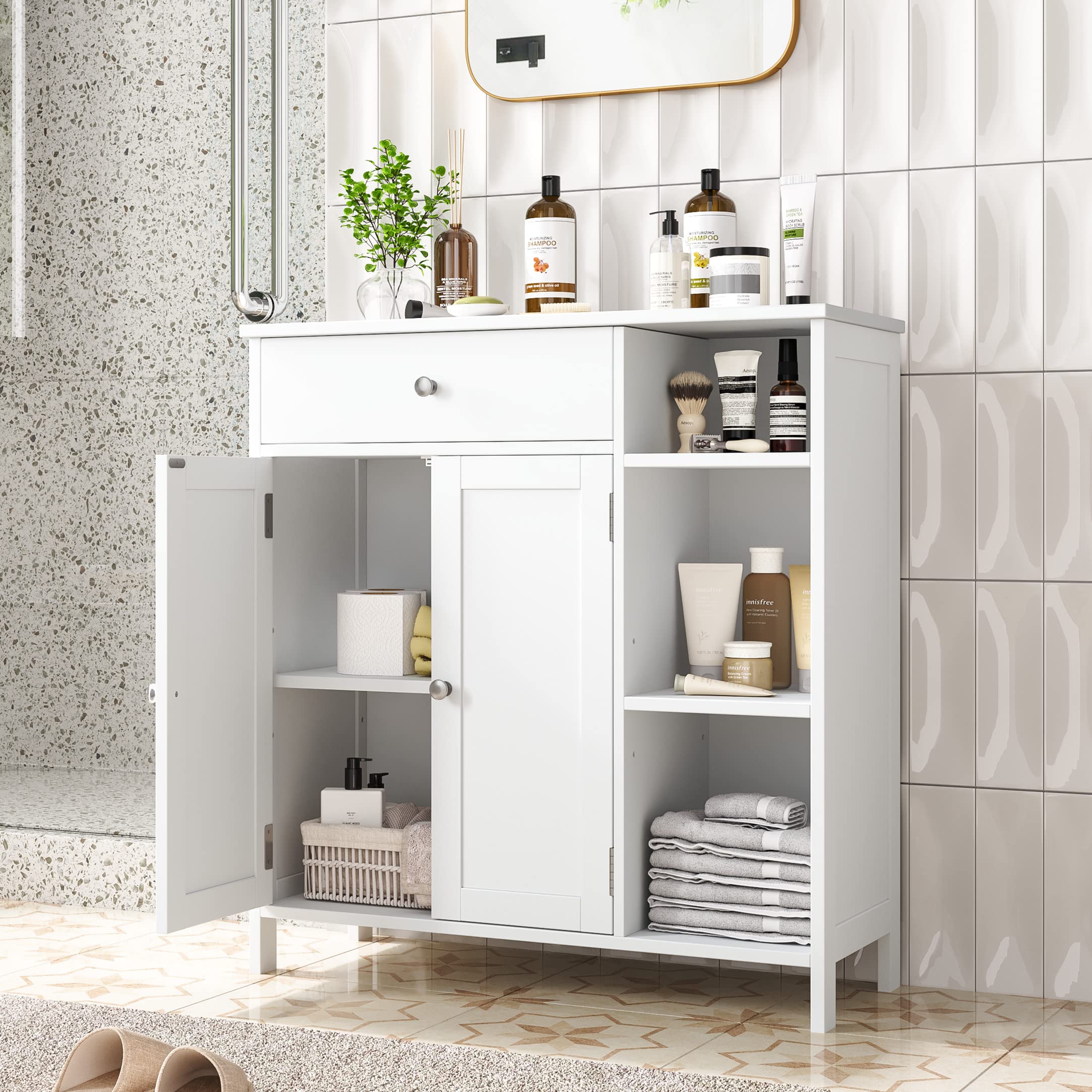 Irontar White Bathroom Cabinet with Doors & Drawer - Adjustable Shelf Floor Storage Cabinet for Bathroom, Kitchen, Living Room & Entryway - Perfect for Organizing Towels, Toiletries & Home Essentials