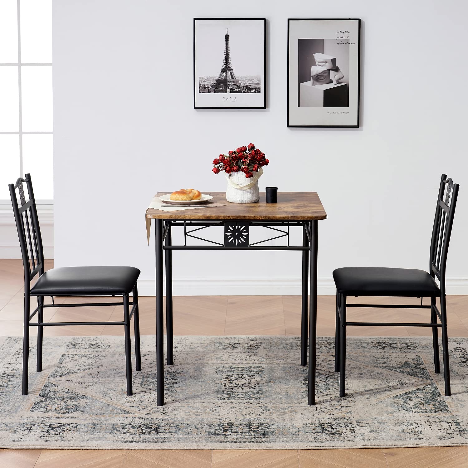 VECELO 3-Piece Retro Brown Wooden Dining Table Set with PU Cushion Chairs - Compact Kitchen Table for Small Spaces, Perfect for Apartments, Breakfast Nooks & Cozy Dining Areas