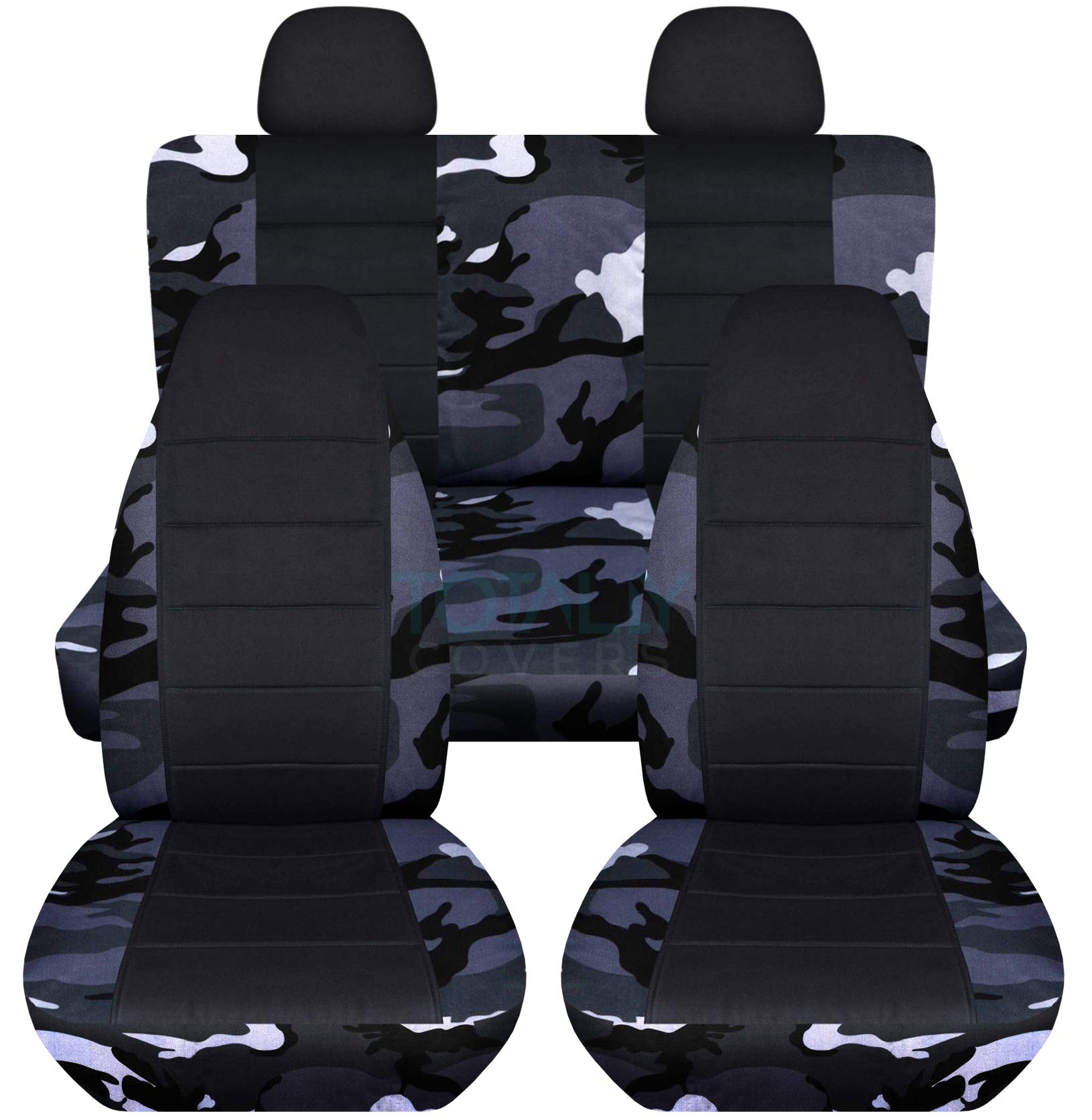 Universal Camouflage & Black Car Seat Covers Set with 2 Rear Headrest Covers - Gray Camo Pattern - Semi-Custom Fit for Any Vehicle (Car, Truck, Van, RV, SUV) - 22 Stylish Prints - Perfect for Outdoor Adventures, Hunting & Road Trips
