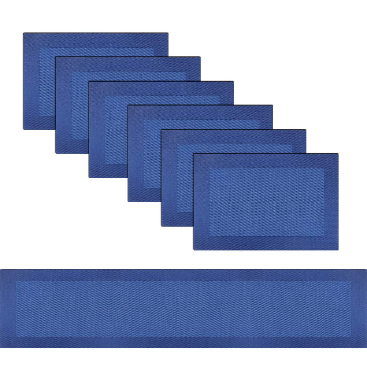 PIGCHCY Elegant Washable Vinyl Placemats Set of 6 with Non-Slip Table Runner - Navy Blue Dining Table Decor for Everyday Use & Special Occasions