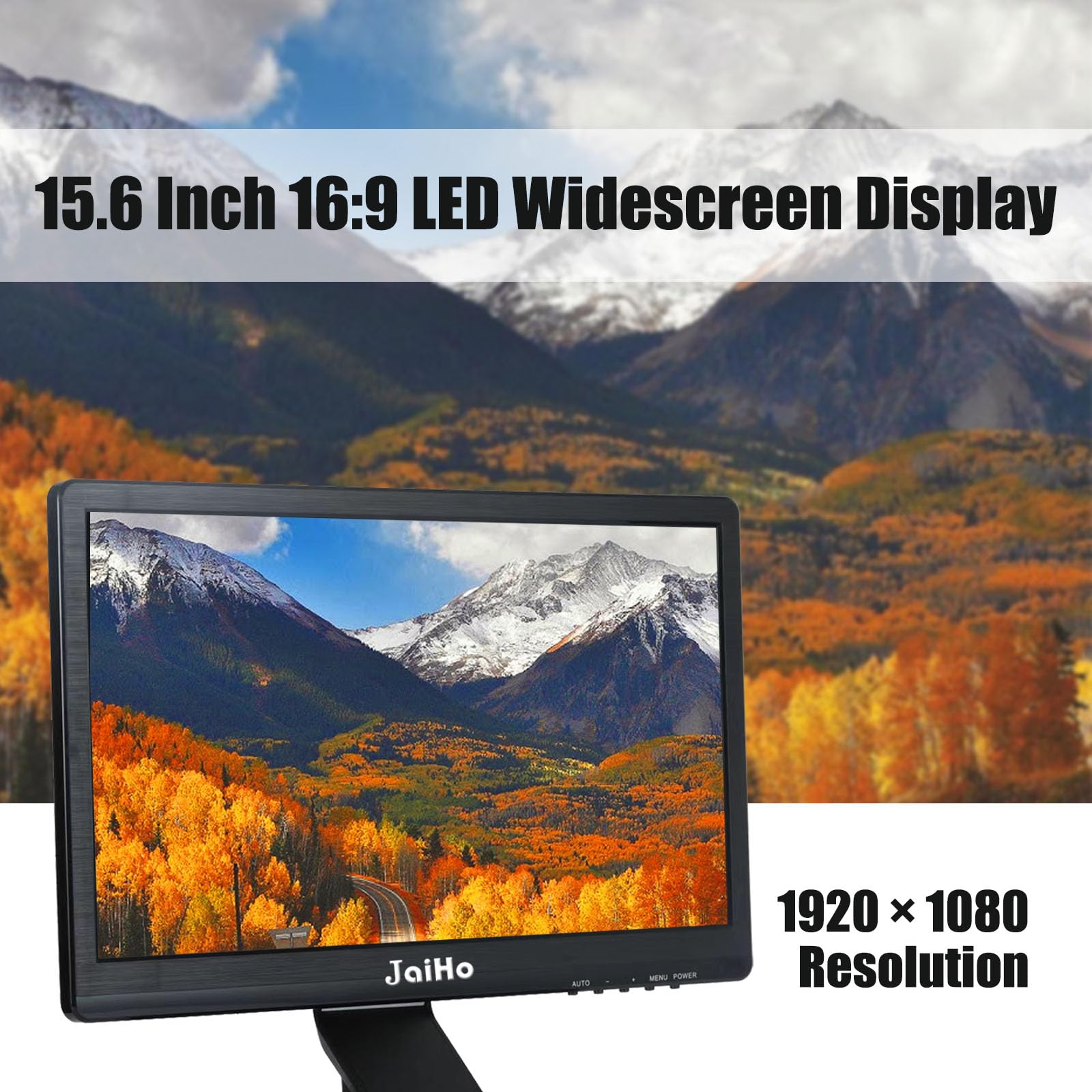 15.6 Inch 60Hz Full HD 1920x1080 Computer Monitor - Widescreen 16:9 Office PC Display with HDMI/VGA Inputs - VESA Mountable Gaming & CCTV Monitor for Raspberry Pi, Home Office & Workstation Use