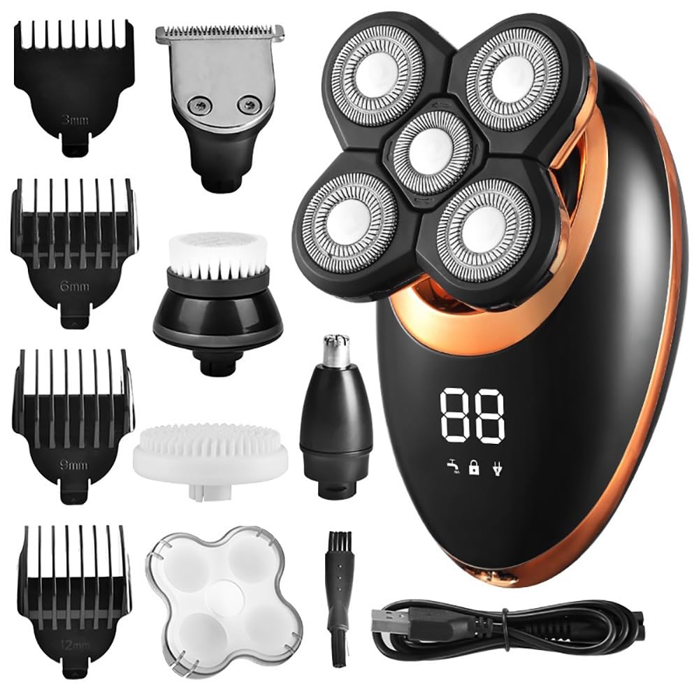 5D Floating Head Electric Shaver for Bald Men - Rechargeable Beard Trimmer & Nose Hair Clipper with LCD Display (Golden) - Perfect for Travel, Gym & Daily Grooming