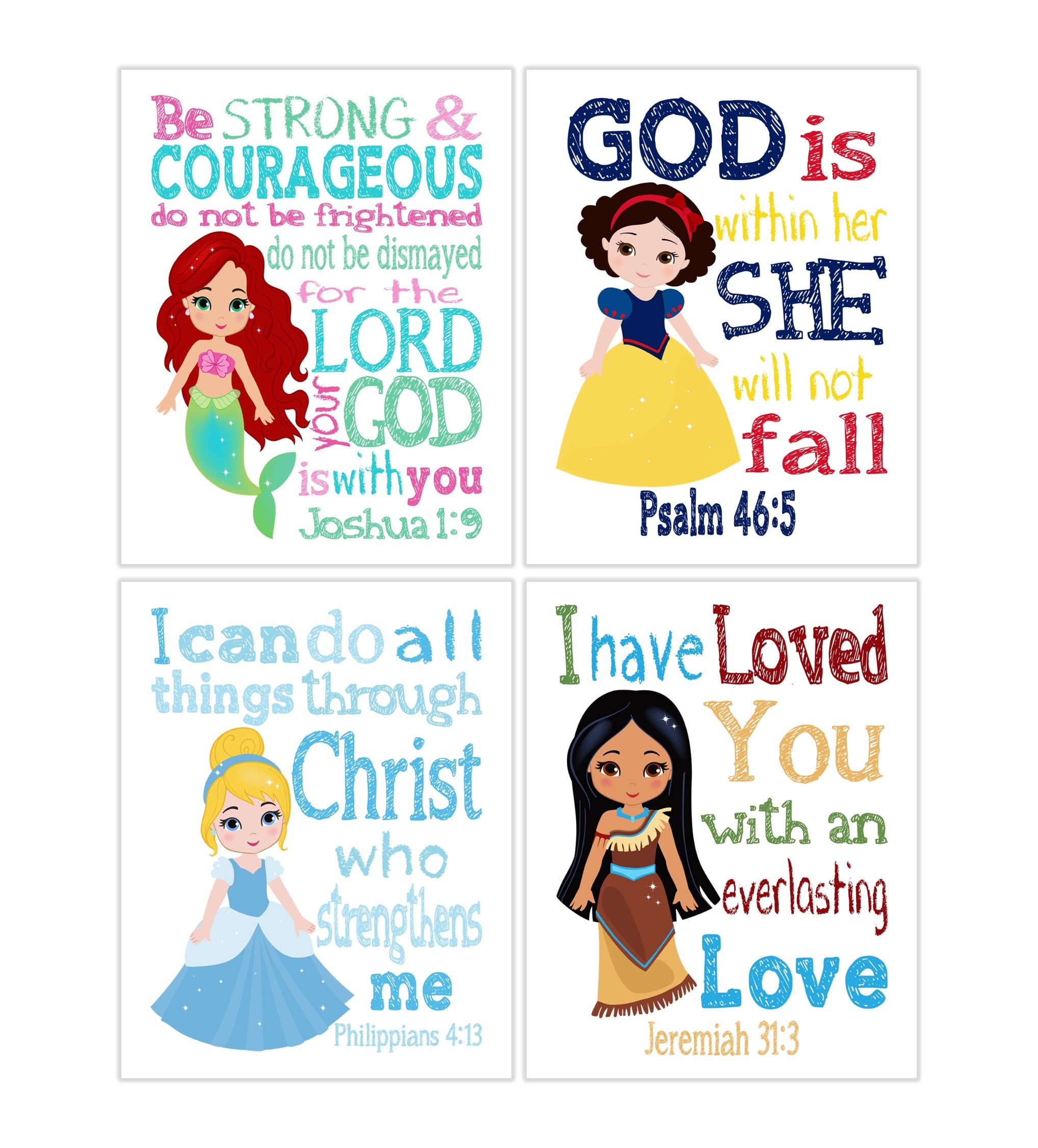 Princess Nursery Decor Set - Snow White, Ariel, Cinderella & Pocahontas Bible Verse Prints for Baby Room