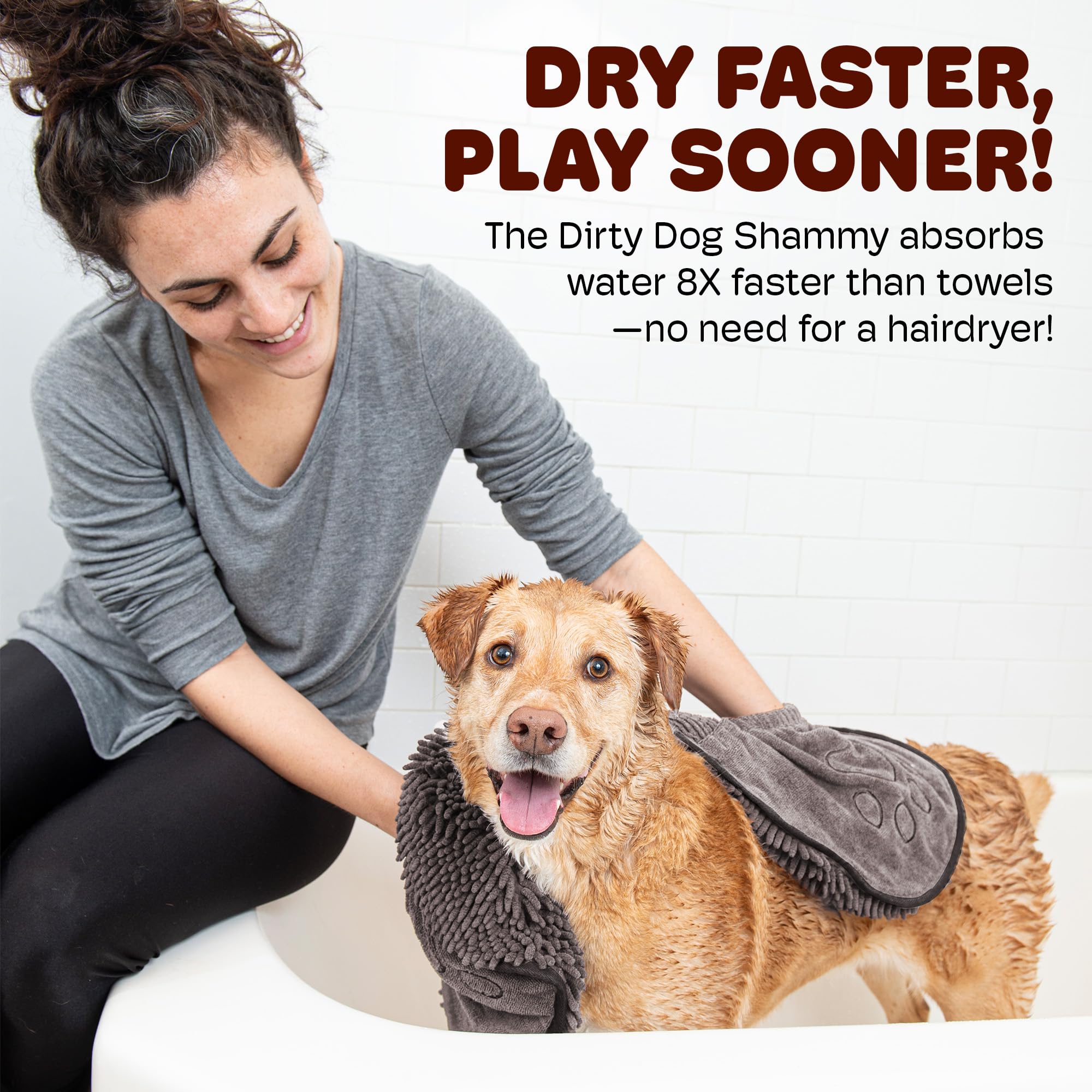Dog Gone Smart The Dirty Dog Shammy - Super Absorbent Microfiber Pet Towel with Dual Hand Pockets & Elastic Band | Fast Drying, Machine Washable Plush Towel for Dogs (Grey) | Perfect for Bath Time, Grooming & Post-Walk Drying