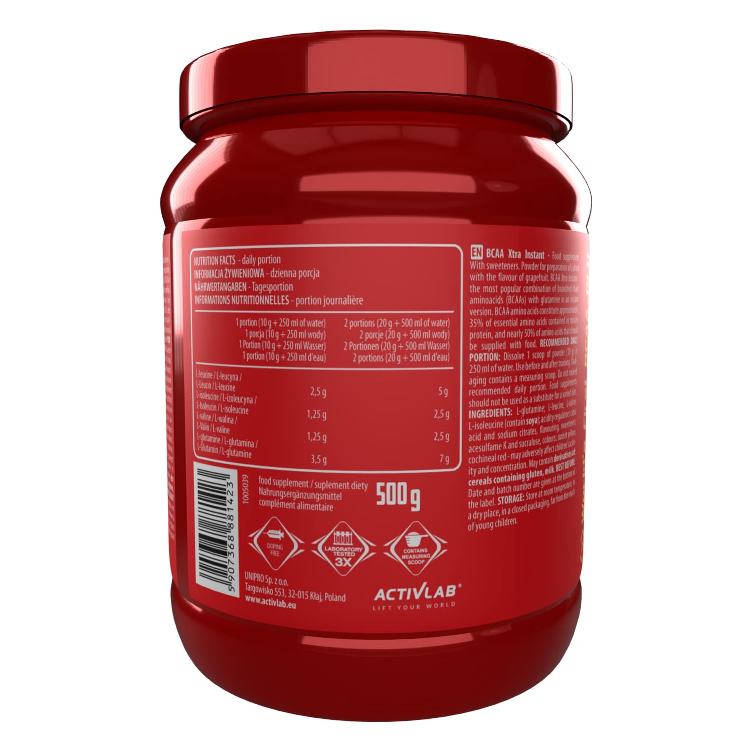 ACTIVLAB SPORT BCAA Xtra 500g Grapefruit Flavor Branched-Chain Amino Acid Supplement Powder - Pre & Post Workout Recovery for Athletes & Fitness Enthusiasts