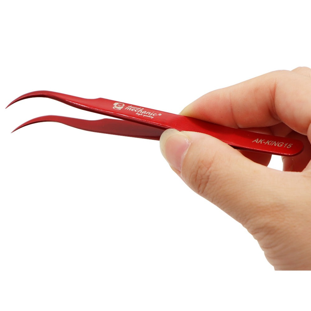 Mechanic AK 15 King ESD Anti-Static Stainless Steel Red Curved Tweezers - Precision Electronics Repair, Jewelry Making & Crafting Tool