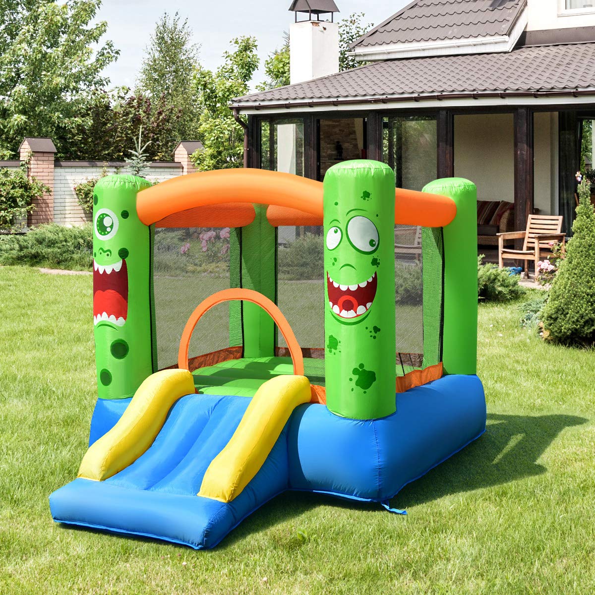 Costzon Inflatable Water Slide Bouncer Castle for Kids - Outdoor Bounce House with Basketball Hoop, Climbing Wall, Splash Pool & Water Cannon | Includes 475W Blower & Carrying Bag | Perfect for Backyard Parties, Summer Fun & Outdoor Play