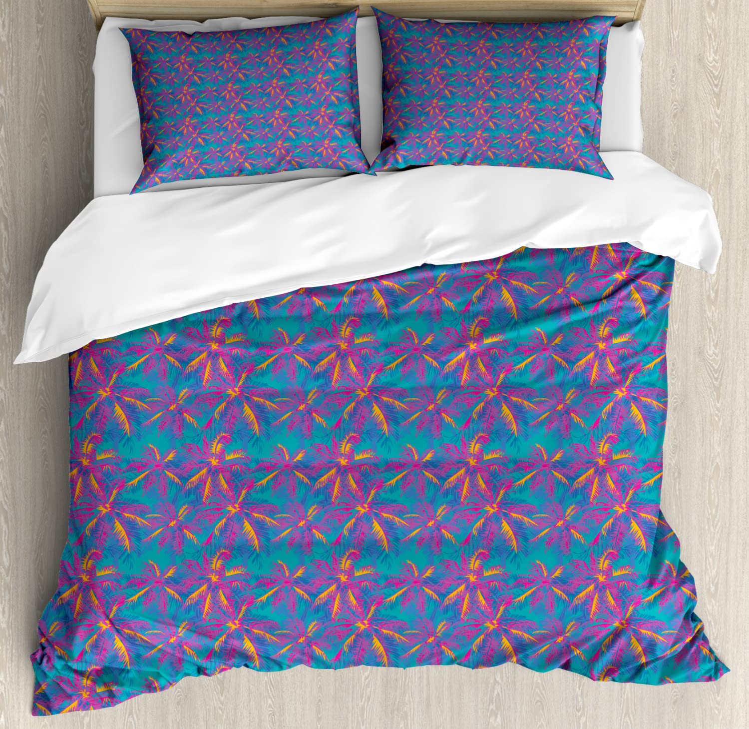 Ambesonne Tropical Palm Duvet Cover Set - Vibrant Abstract Tree Design Queen Size 2-Pack (2 Duvet Covers + 4 Pillowcases) for Summer Bedroom Decor, Beach House & Boho Chic Style