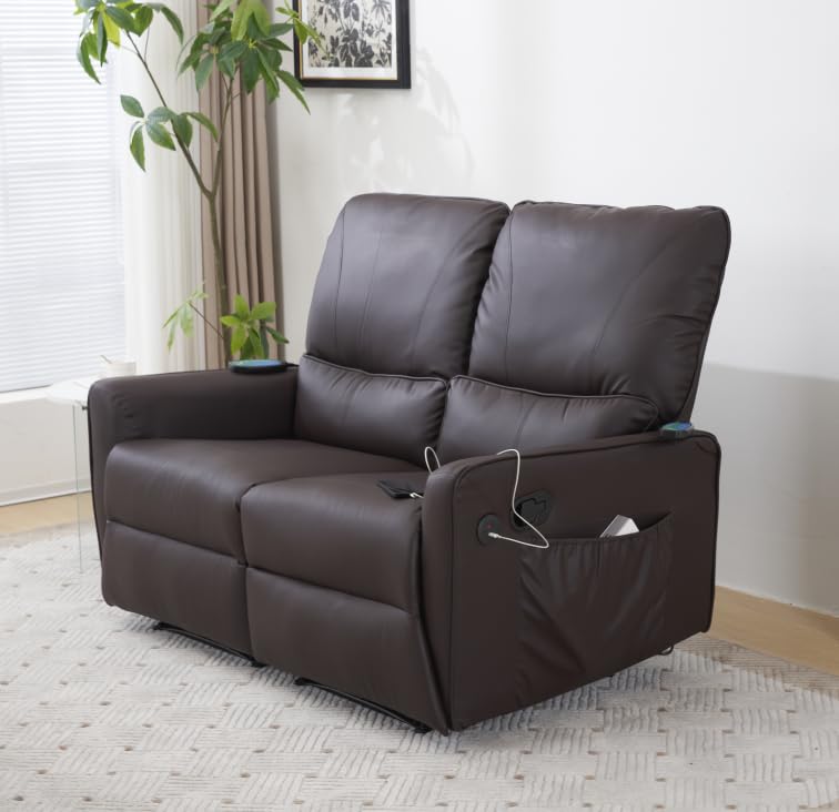 **RVEE RV Loveseat Console Theater Seating – 2-Seater Powered Recliner Double Sofa with USB Charging, Massage & Heat – Faux Leather Brown – Perfect for RV, Home Theater & Living Room**