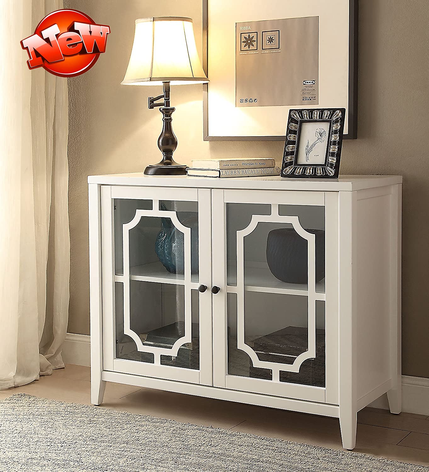 **ZMIHANNA Mid Century Modern Buffet Cabinet - Solid Wood Storage Sideboard with 2 Glass Doors & 1 Shelf for Living Room, Entryway, Dining Room - White (Stronger & Updated Version)**    *Perfect for displaying decor, storing dining essentials, or adding stylish storage to your hallway.*
