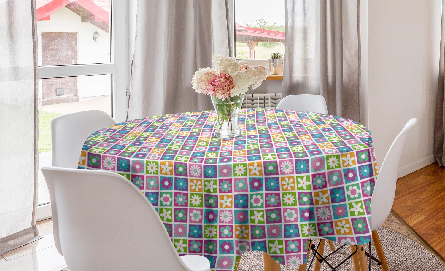 Ambesonne Floral Round Tablecloth - 60 Inch Vintage 90s Cartoon Style Square Flower Print, Colorful Circle Table Cover for Dining Room & Kitchen Decor | Perfect for Parties, Holidays & Home Decoration