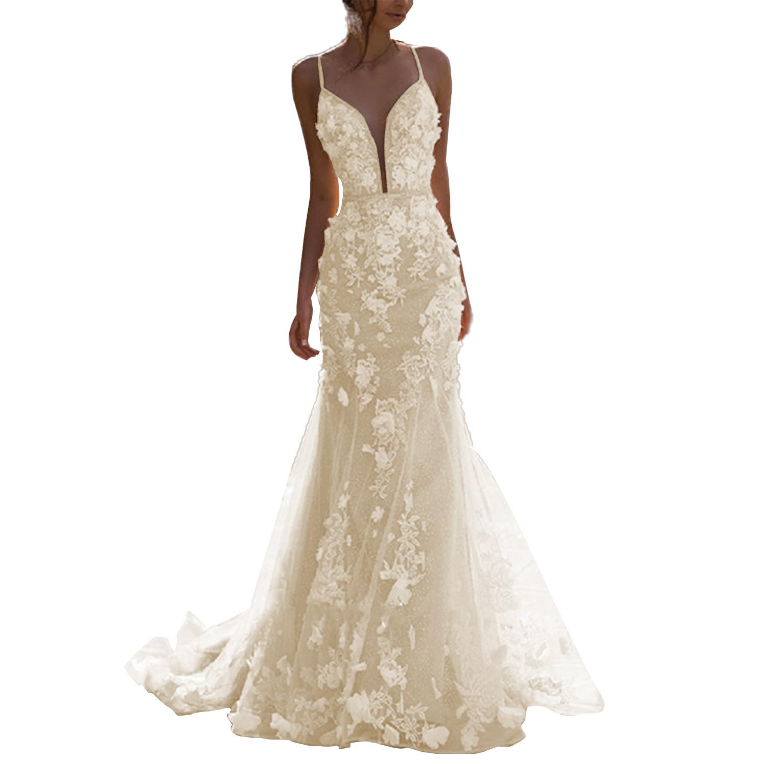 Elegant A-Line Wedding Dress for Women - Spaghetti Straps V-Neck Tulle Bridal Gown with Appliques | Perfect for Beach Weddings, Garden Ceremonies & Romantic Vows