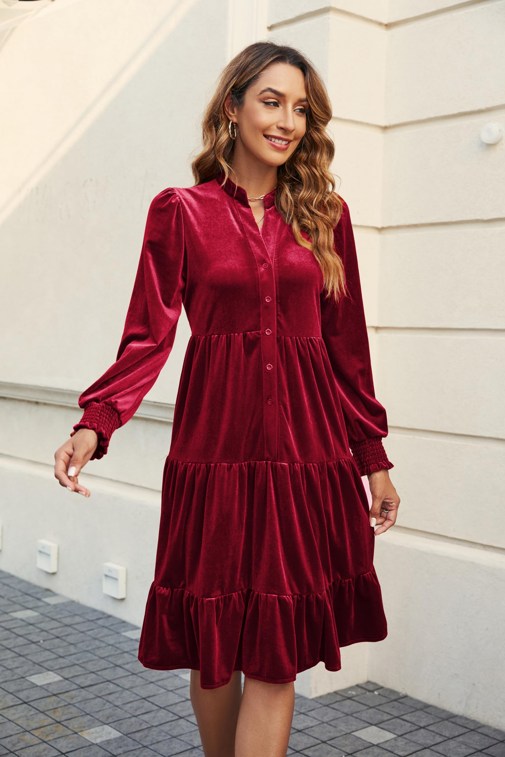 CYLADY Women's 2024 Spring Velvet Ruffle V-Neck Long Sleeve Flowy Swing Dress - Elegant Casual Tunic Shift Dress for Work, Date Night & Special Occasions
