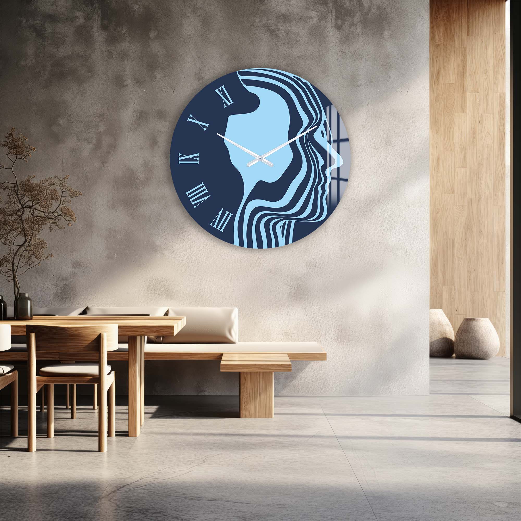 Blue Silhouette Glass Wall Clock - Modern Decorative Clock for Living Room, Bedroom & Office - Silent Non-Ticking Battery Operated