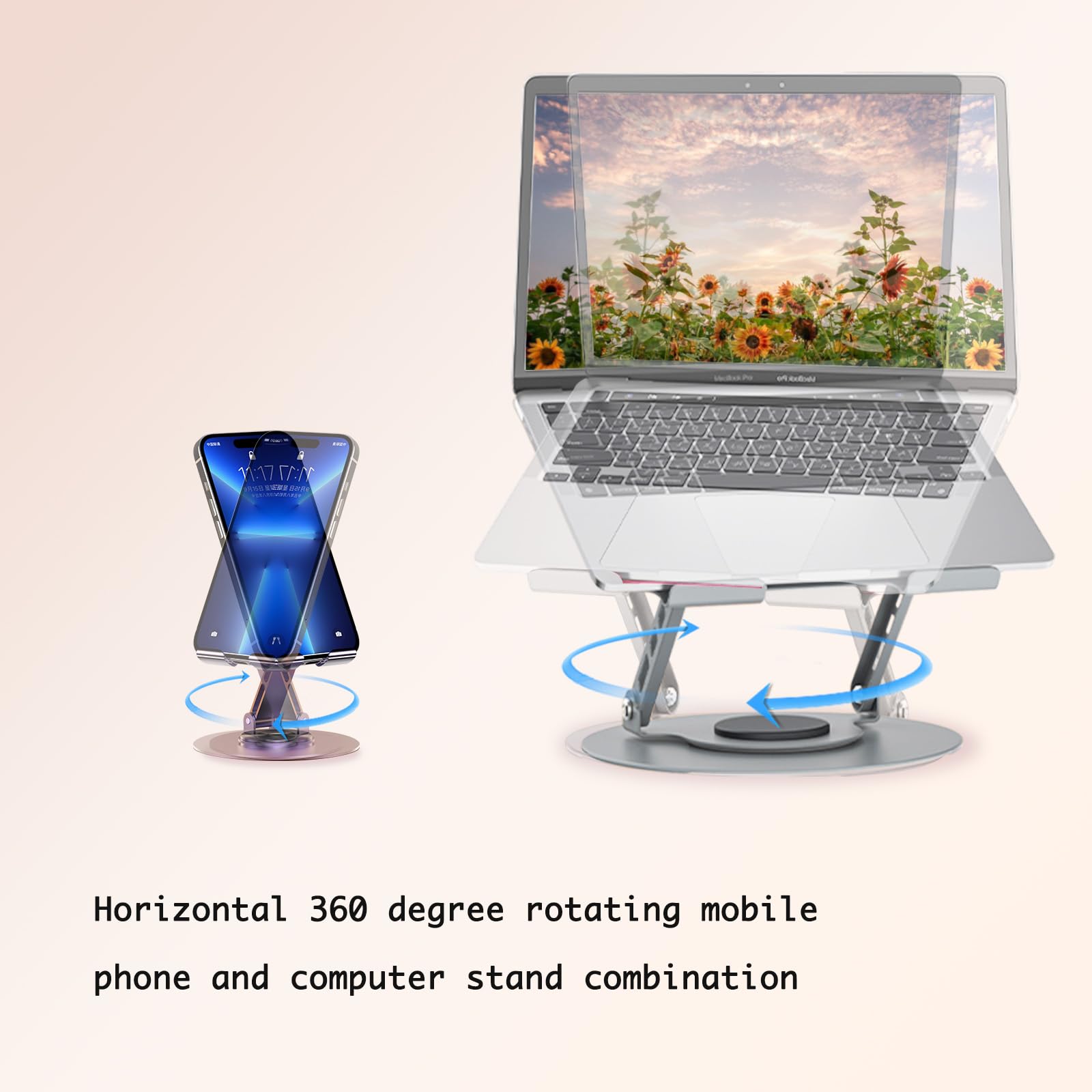 360° Rotating Adjustable Metal Phone Holder & Laptop Stand - Dual Rotary Shaft, Foldable Design (Purple & Grey) - Compatible with All Smartphones & Laptops - Perfect for Home Office, Gaming, and Video Conferencing