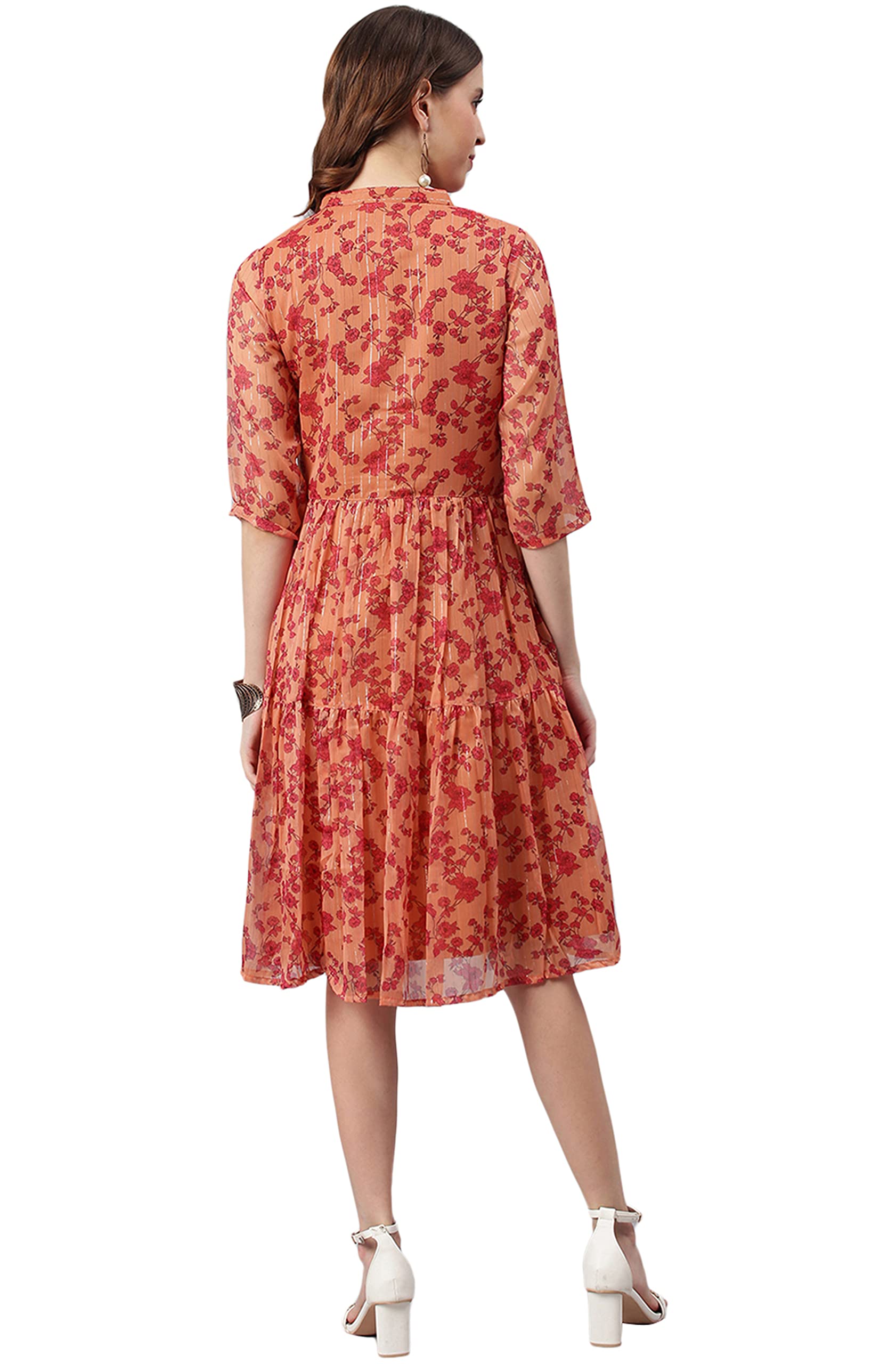 Janasya Indian Women's Orange Floral Printed Poly Georgette Western Dress for Party, Wedding & Festive Occasions