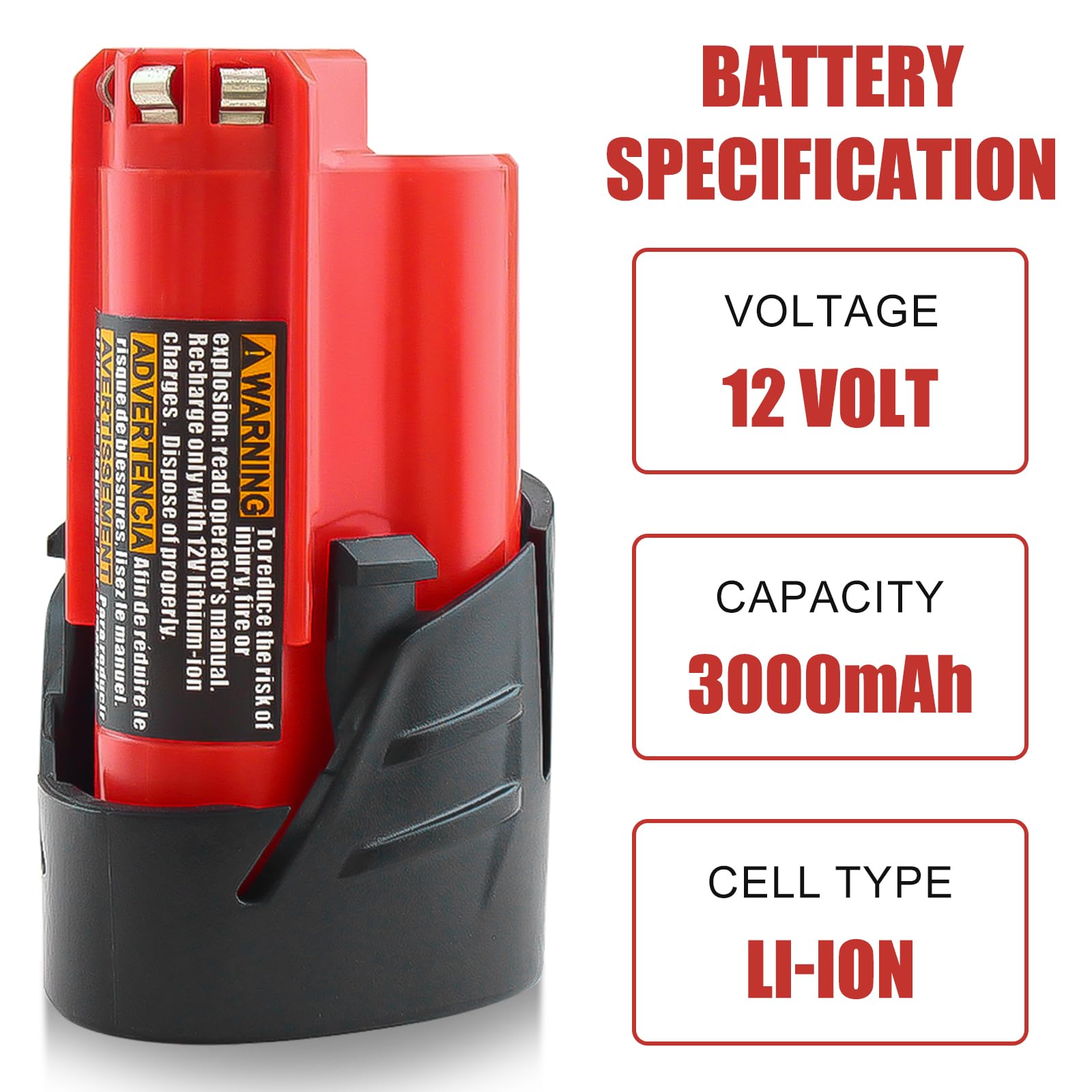 2-Pack Milwaukee 12V 3.0Ah Lithium-Ion Replacement Battery - Compatible with 48-11-2411, 48-11-2420, 48-11-2401, 48-11-2402 Models - Works with Milwaukee 12V Cordless Power Tools (Red) - Perfect for Drills, Screwdrivers, and Other 12V Milwaukee Tools