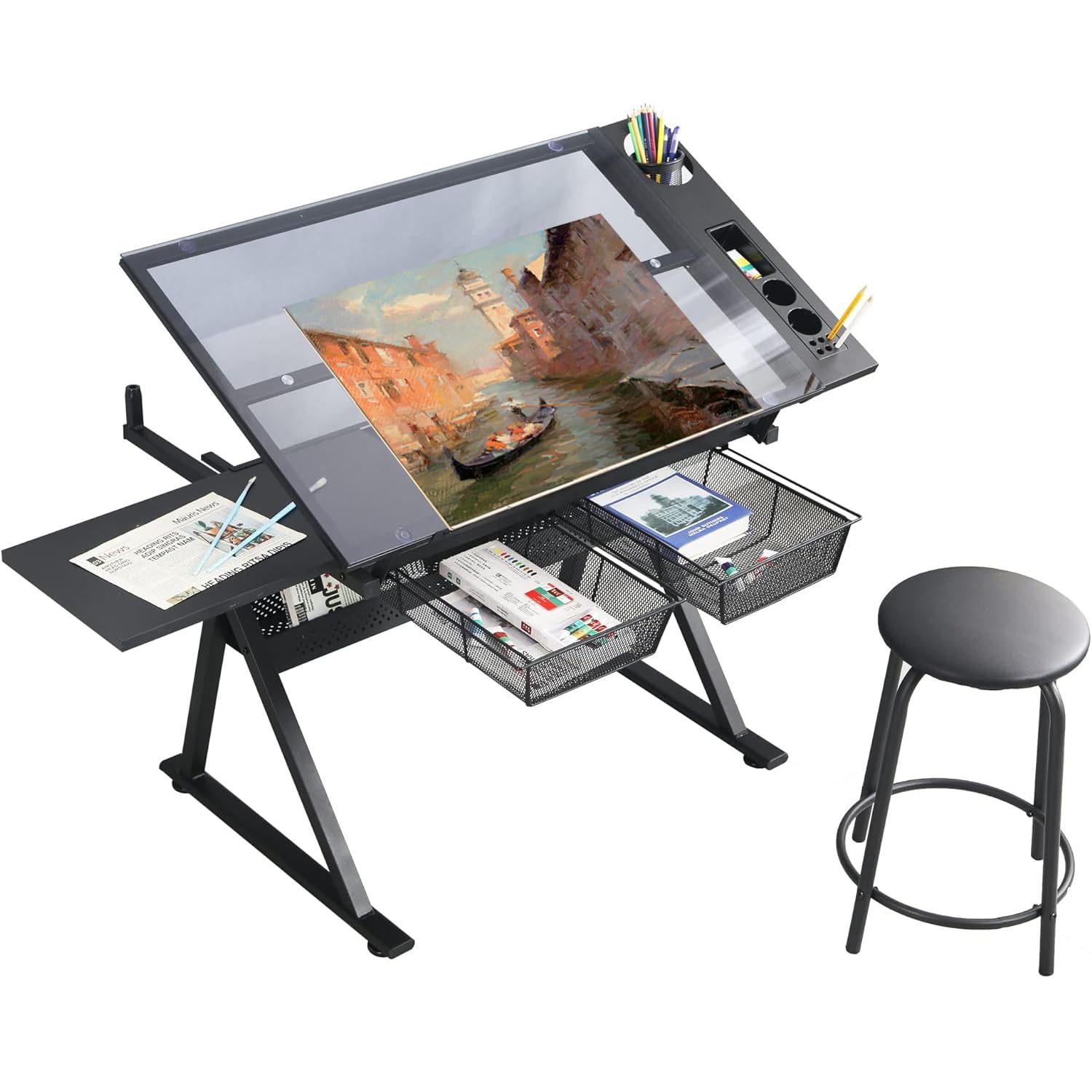 LifeSky Adjustable Drafting Table for Artists - Glass Top Art Drawing Desk with Storage for Painting, Sketching & Illustration - Perfect for Painters, Illustrators, Cartoonists & Designers (Black) - Ideal for Home Studios, Art Classes & Professional Workspaces