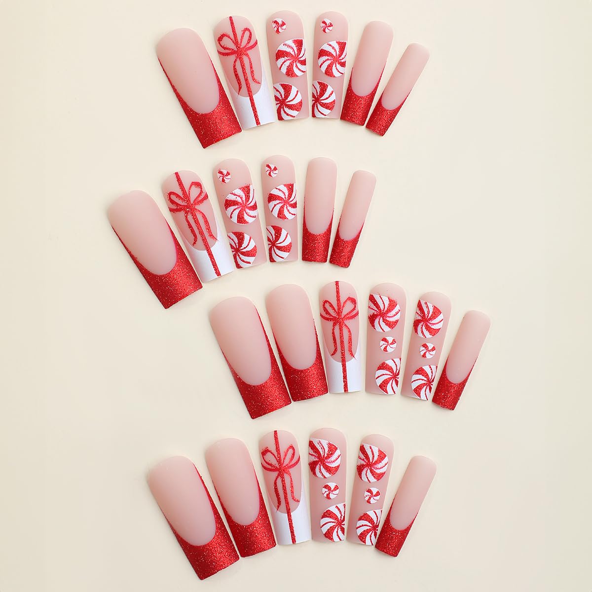24 Pcs Christmas Press on Nails - Long French Tips with Candy Glitter Designs, Full Cover Artificial Acrylic Glue on Nails for Women & Girls | Holiday Party, Gift, Nail Art DIY
