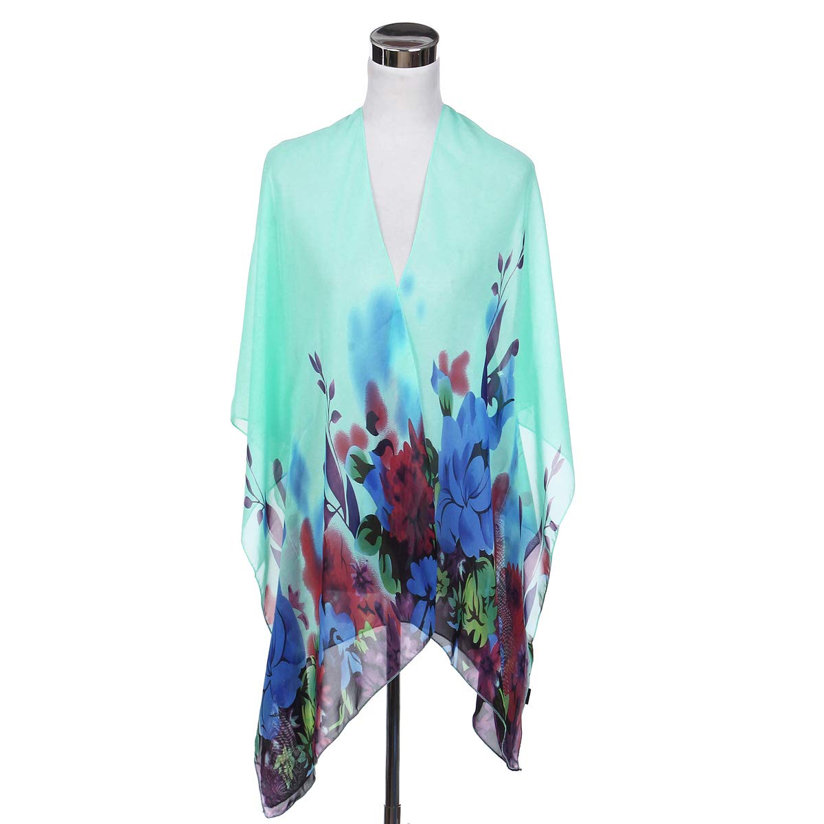 Trendy Blue Chiffon Floral Sheer Kimono Wrap Cardigan - Lightweight Beach Cover Up for Women, Summer Boho Style, Perfect for Poolside, Vacation & Outdoor Events