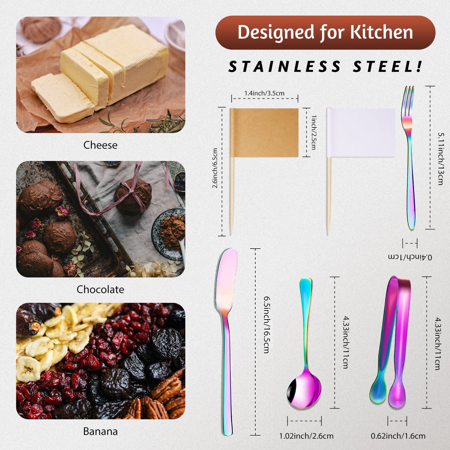 Premium Stainless Steel Cheese & Butter Spreader Knives Set - Charcuterie Board Accessories with Mini Serving Tongs, Spoons & Forks - Rainbow Color Appetizer & Pastry Utensils for Parties, Picnics & Entertaining