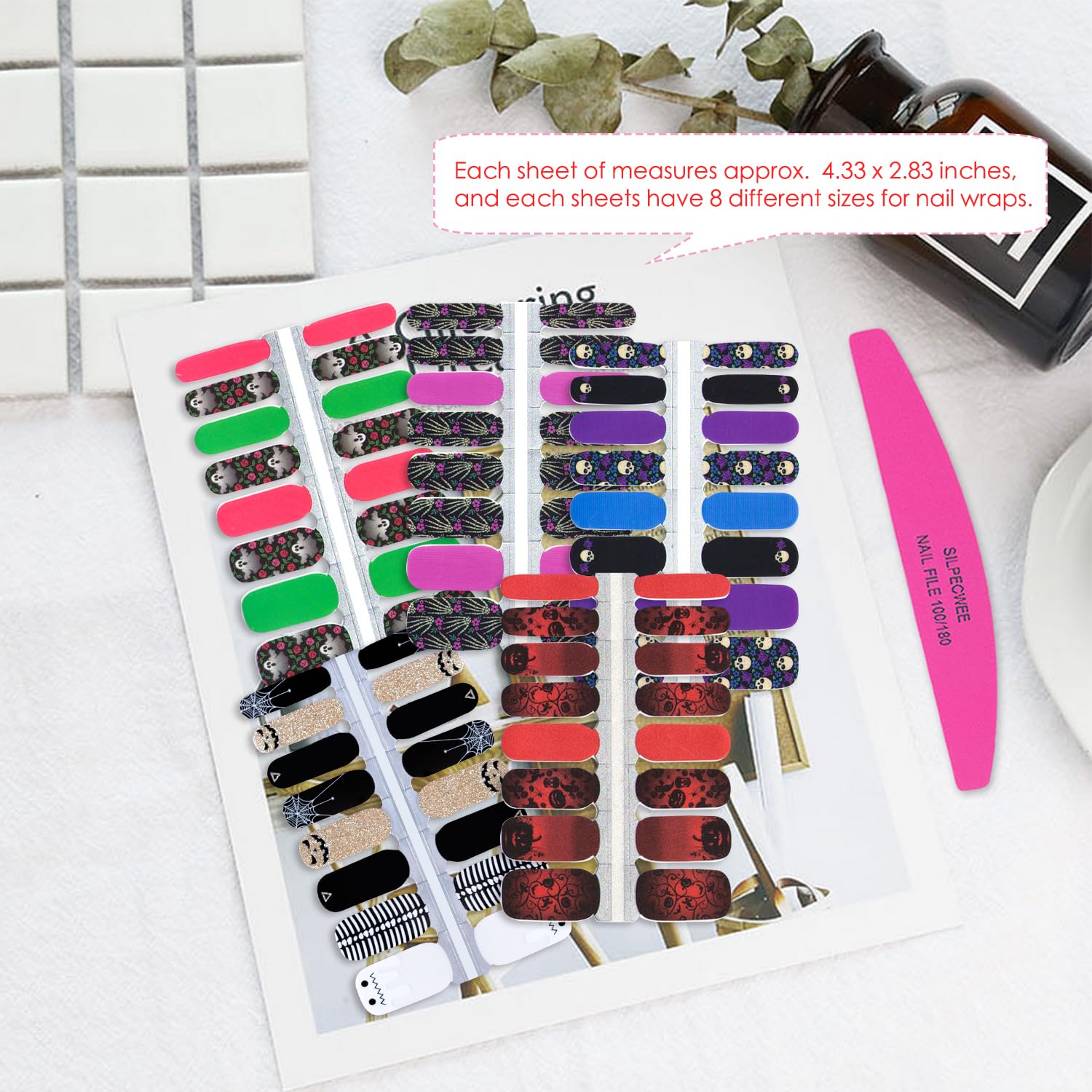 SILPECWEE Halloween Nail Wraps for Women - 5 Sheets Self Adhesive Nail Polish Strips with Skull & Ghost Designs, Includes 1 Nail File | Perfect for Halloween Parties, Costume Nails & Holiday Nail Art