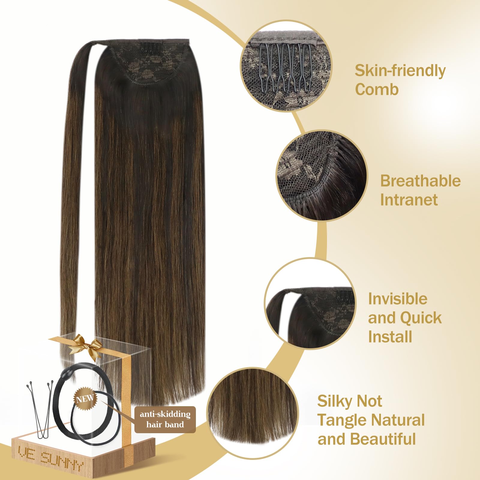Ve Sunny 22inch Long Ponytail Hair Extensions - 100% Real Human Hair in Dark Brown Ombre & Medium Brown Shades - Comfortable Clip-in Ponytail for Women (80g) | Perfect for Parties, Weddings & Everyday Styling