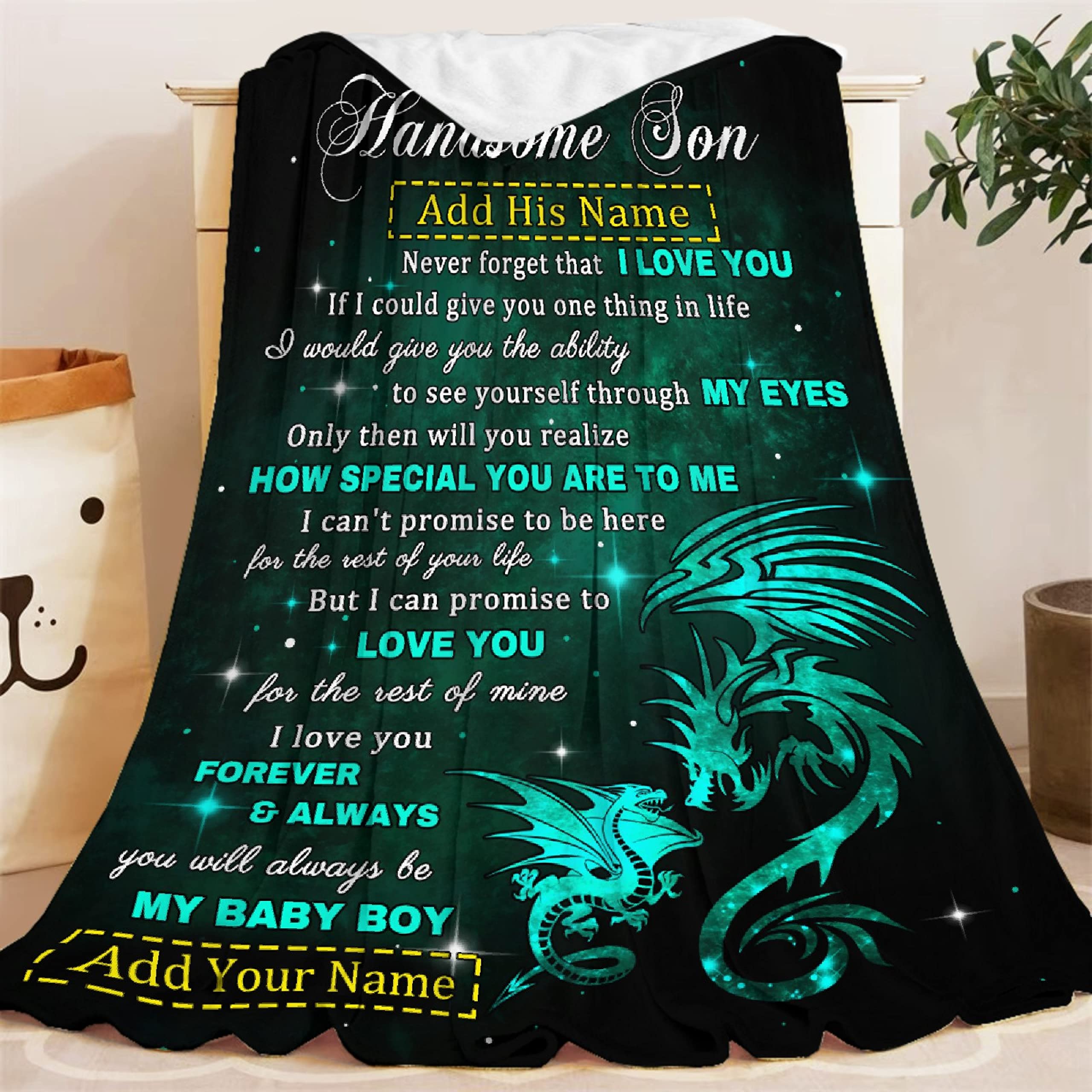 Personalized Dragon Blanket for Son - Custom Name Gift from Mom & Dad | 90x120 Inch Lightweight Flannel Throw Blanket for Boys & Men | Super Soft Comfy Blanket for Birthday, Christmas, Couch, Sofa Decor | Perfect for Snuggling, Gifting & Home Decoration