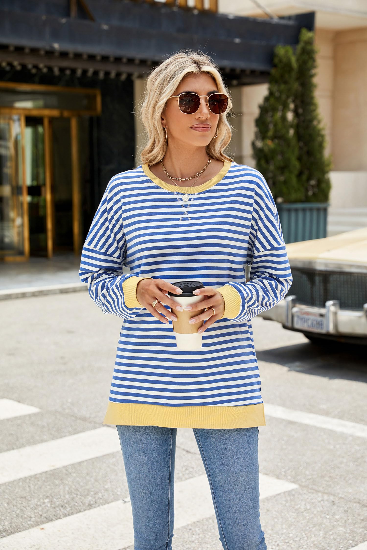 Fashionme Women's Striped Color Block Tunic Top with Side Slits - Long Sleeve Crewneck Loose Fit Casual Shirt for Spring | Trendy Streetwear, Office Wear & Weekend Outfits