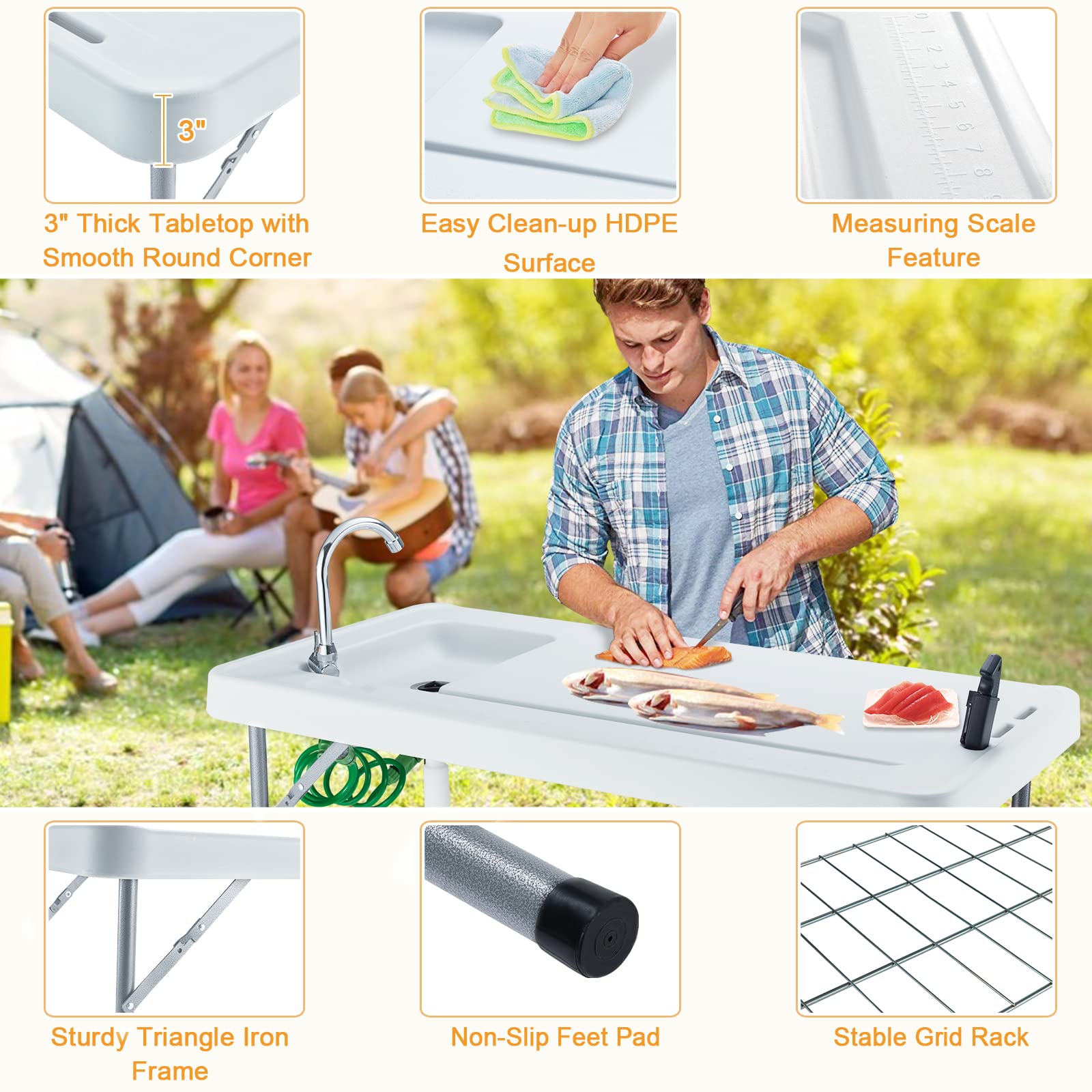 Portable Folding Fish Cleaning Table with Faucet, Drain Hose & Sprayer - Outdoor Camping Sink Station with Grid Rack & Knife Groove - Perfect for Fishing, Picnics, RV Trips & Backyard Fish Fillet Prep, Grey